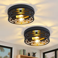 2 Light Industrial Flush Mount Ceiling Light Black Metal Cage E26 Base Modern Farmhouse Lighting For Hallway Bedroom
