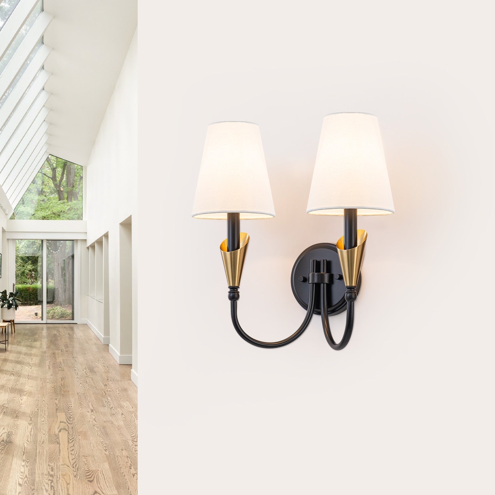 2 Light Matte Black Gold Wall Sconce Traditional Fabric Shades