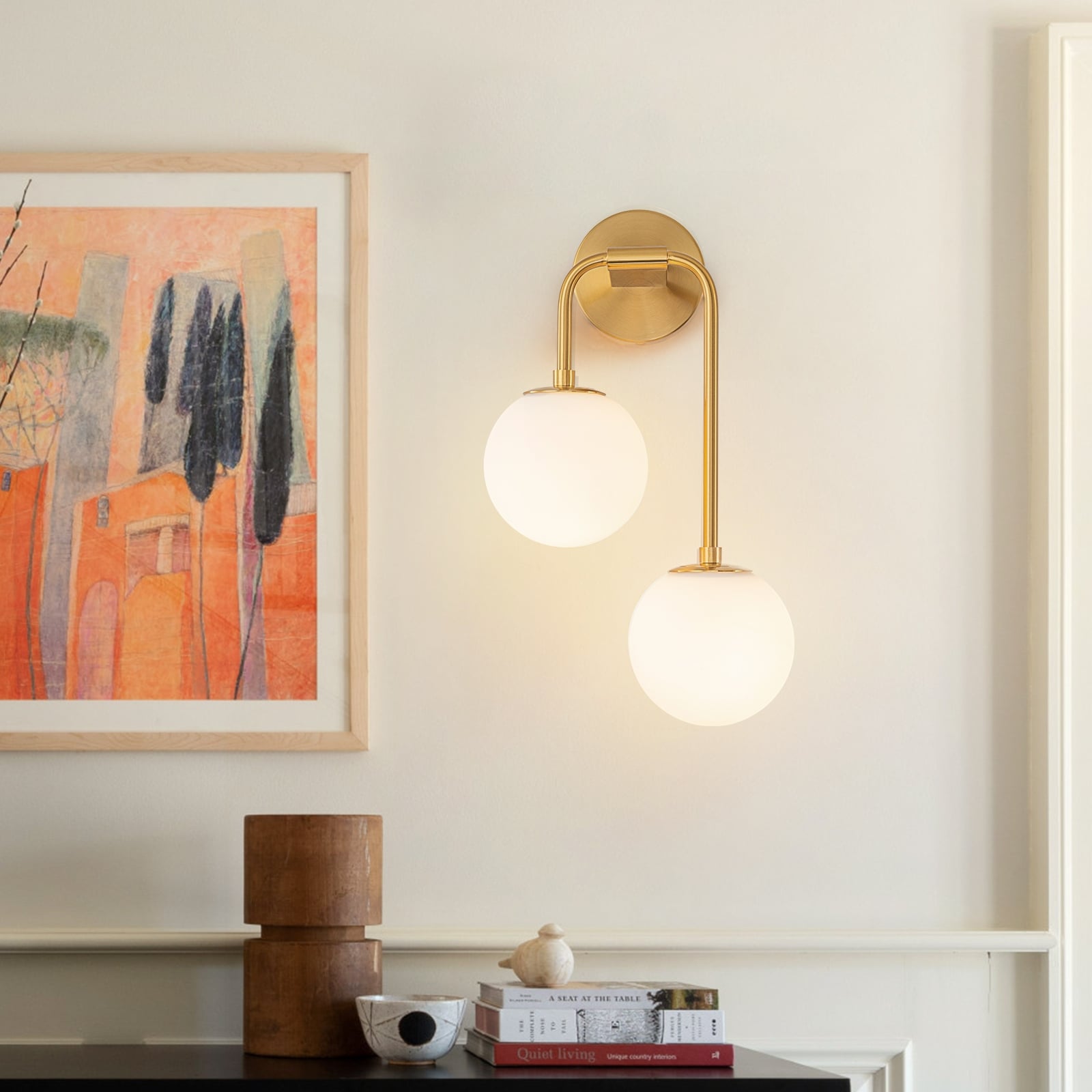 2 Light Mid Century Modern Gold Wall Sconce With Opal Glass