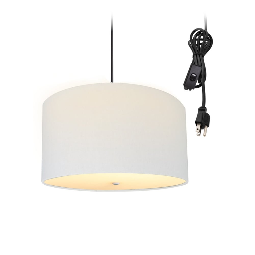 2 Light Swag Plug In Pendant 16 W White Linen Drum With Diffuser Black Cord