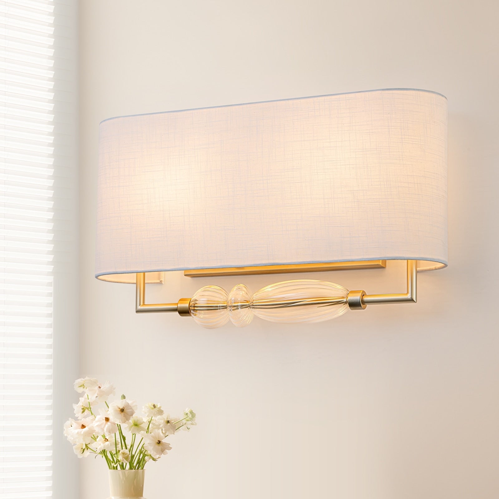 2 Light Wall Sconce Half Open Linen Shade Striped Glass Globe Accent