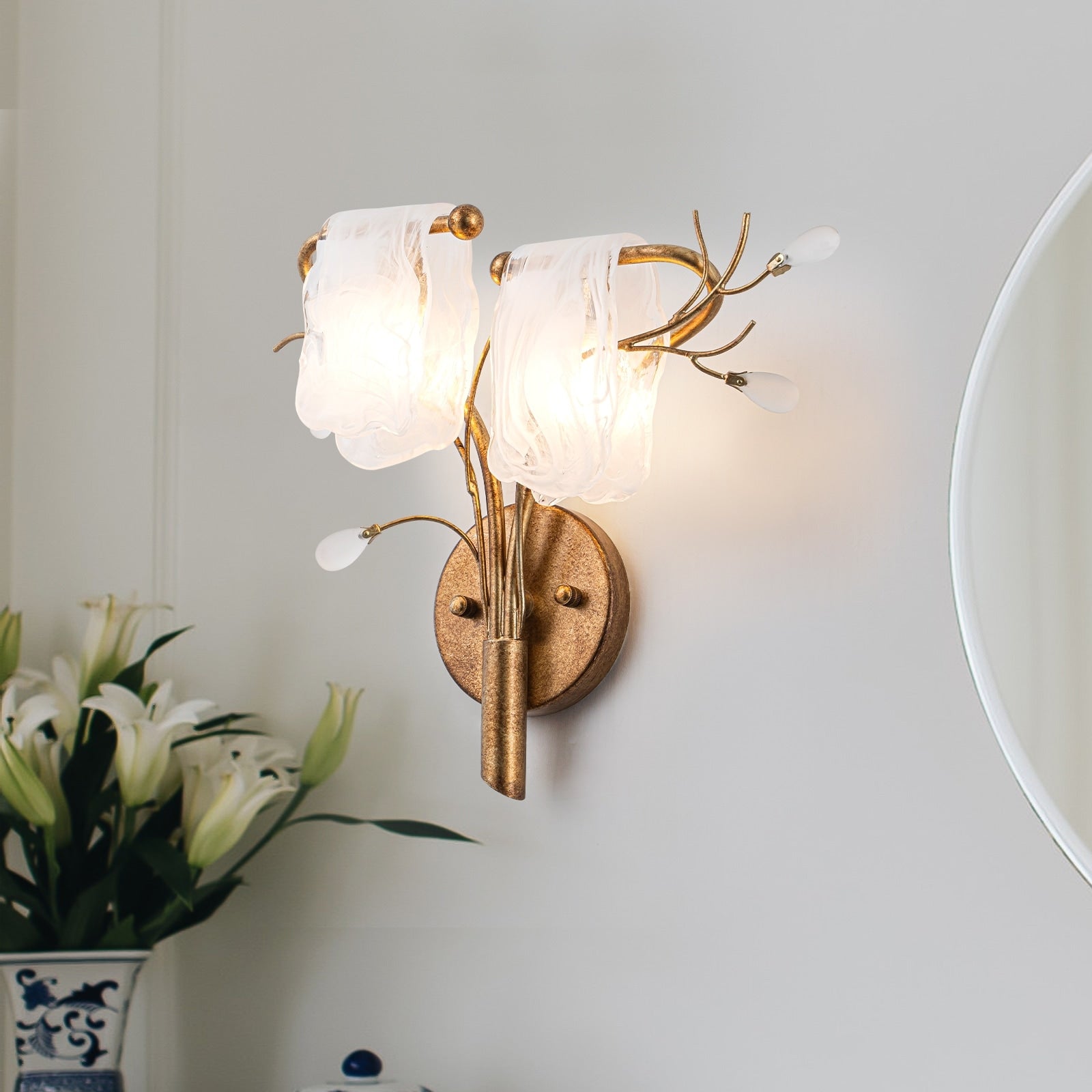 2 Light Wall Sconce With Floral Branch Design And White Glass Shades