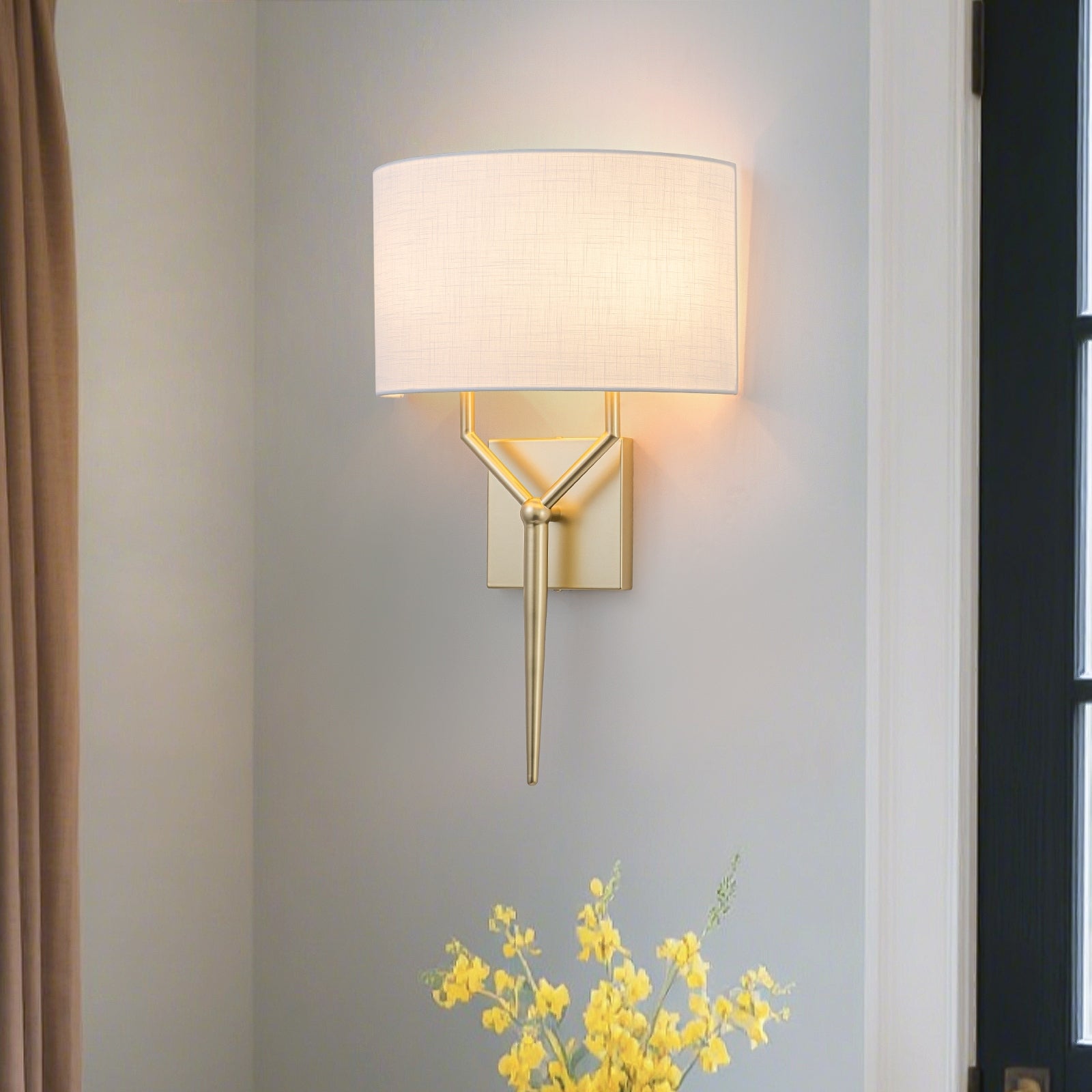 2 Light Y Shaped Metal Frame Wall Sconce Half Round Open Fabric Shade