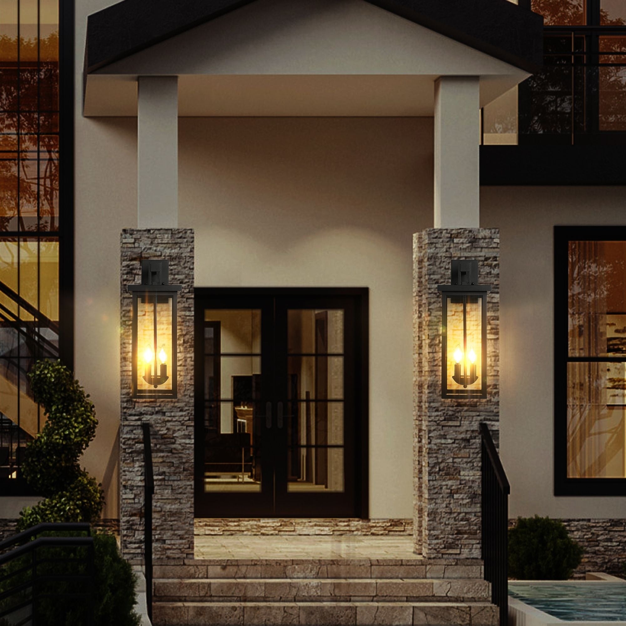 2 Pack 22.0 Outdoor Wall Lantern With Dusk To Dawn Sensor Weatherproof Exterior Light For Porch 2 Light Design No Bulb