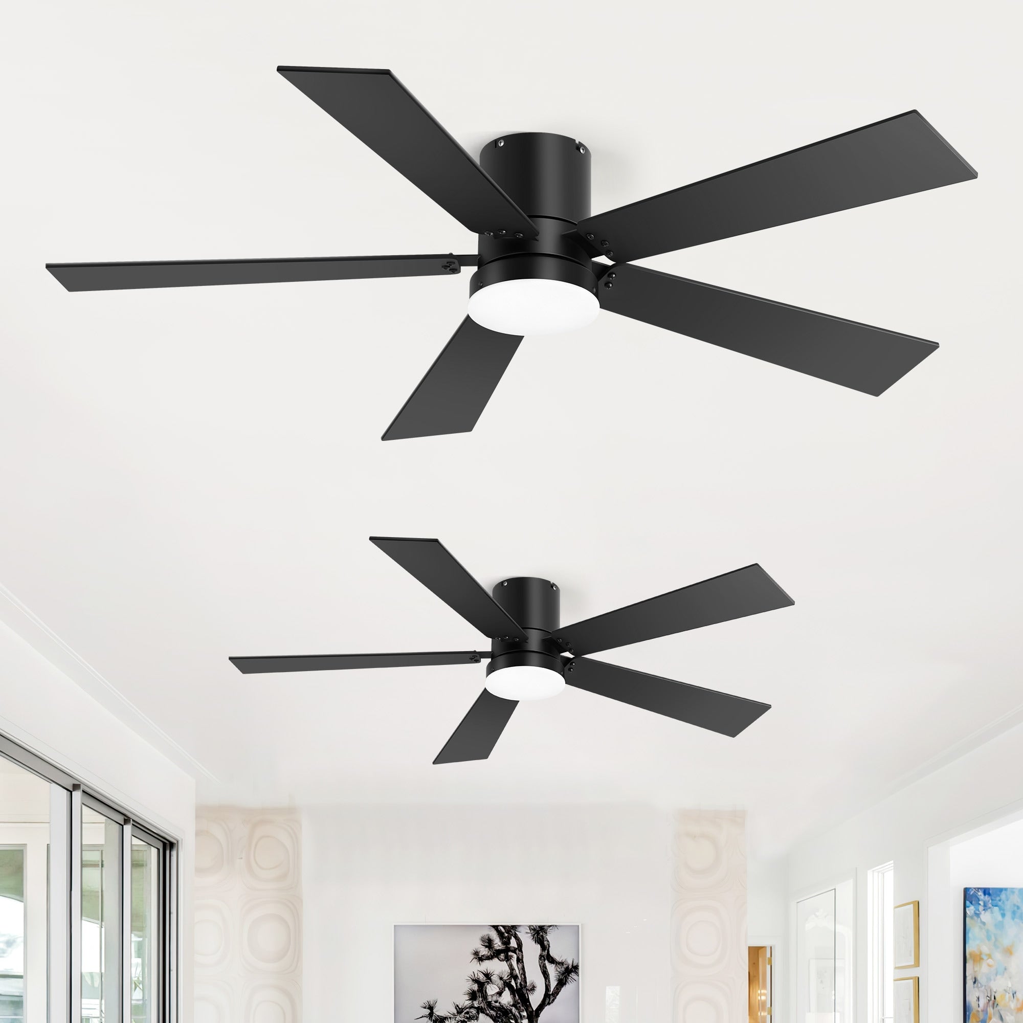 2 Pack 42 Led Ceiling Fan With Light 5 Blade Black Wood Finish 6 Speed Dc Motor Reversible Quiet Flush Mount Remote