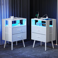 2 Pack Modern Nightstand Set With Charging Station Led Light Fabric Drawers