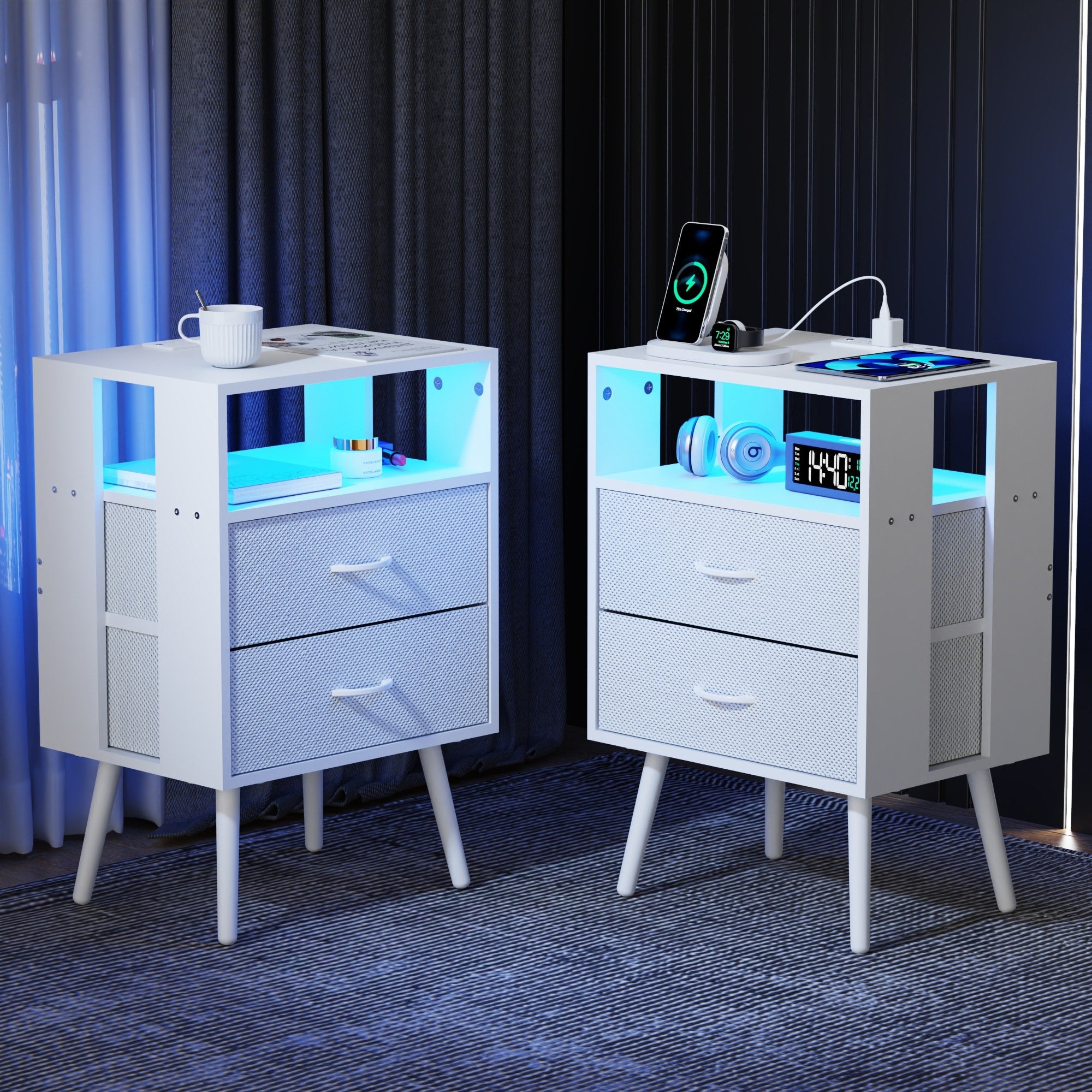 2 Pack Modern Nightstand Set With Charging Station Led Light Fabric Drawers