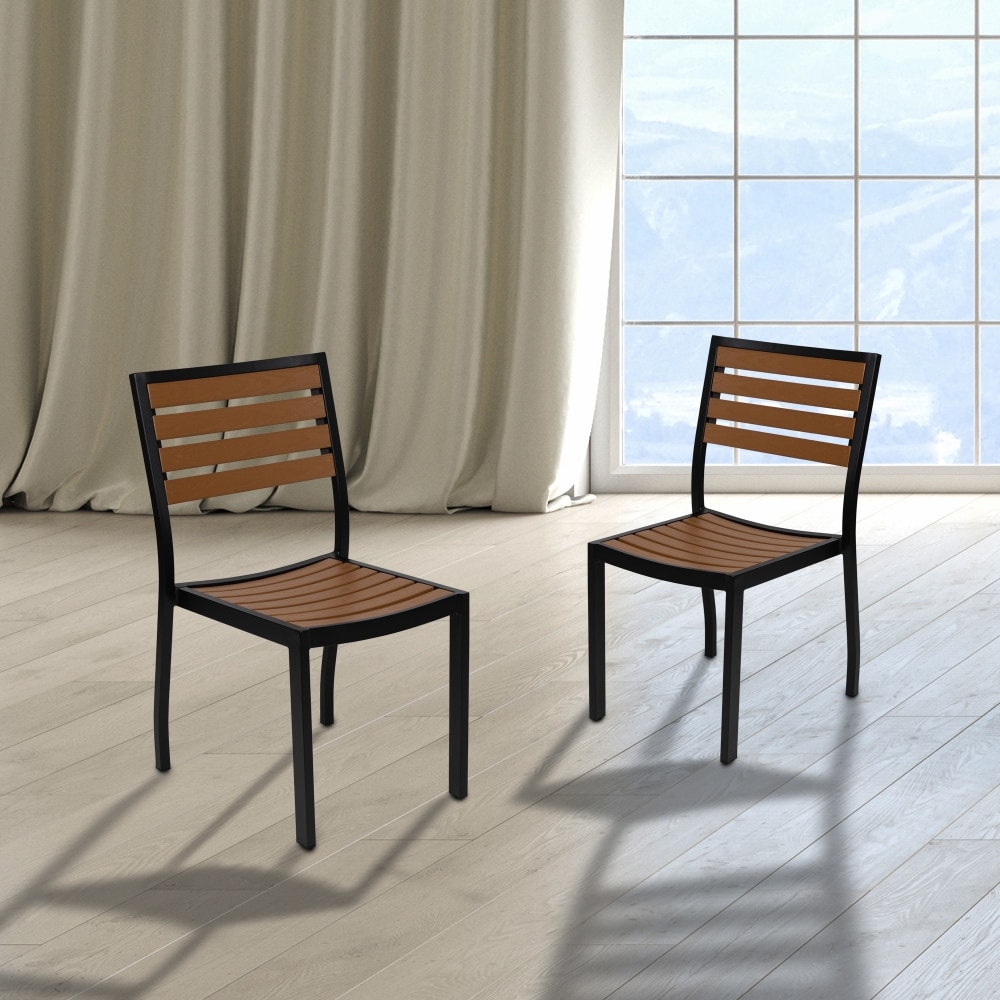 2 Pack Outdoor Faux Teak Side Chair With Poly Slats Teak Patio Chair