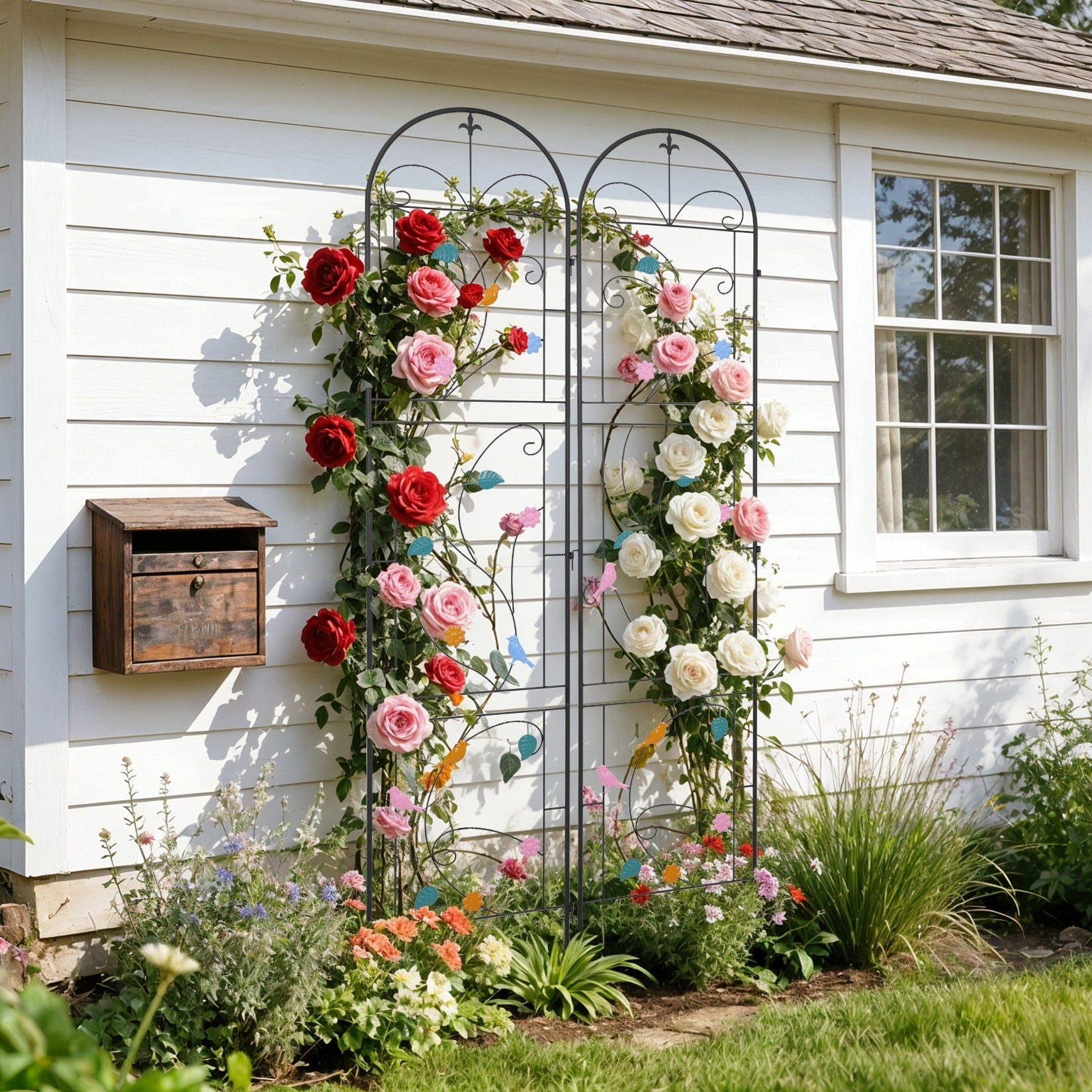 2 Pack Outdoor Metal Fence Garden Trellis Climbing Plant With Birds Flower Design Landscaping