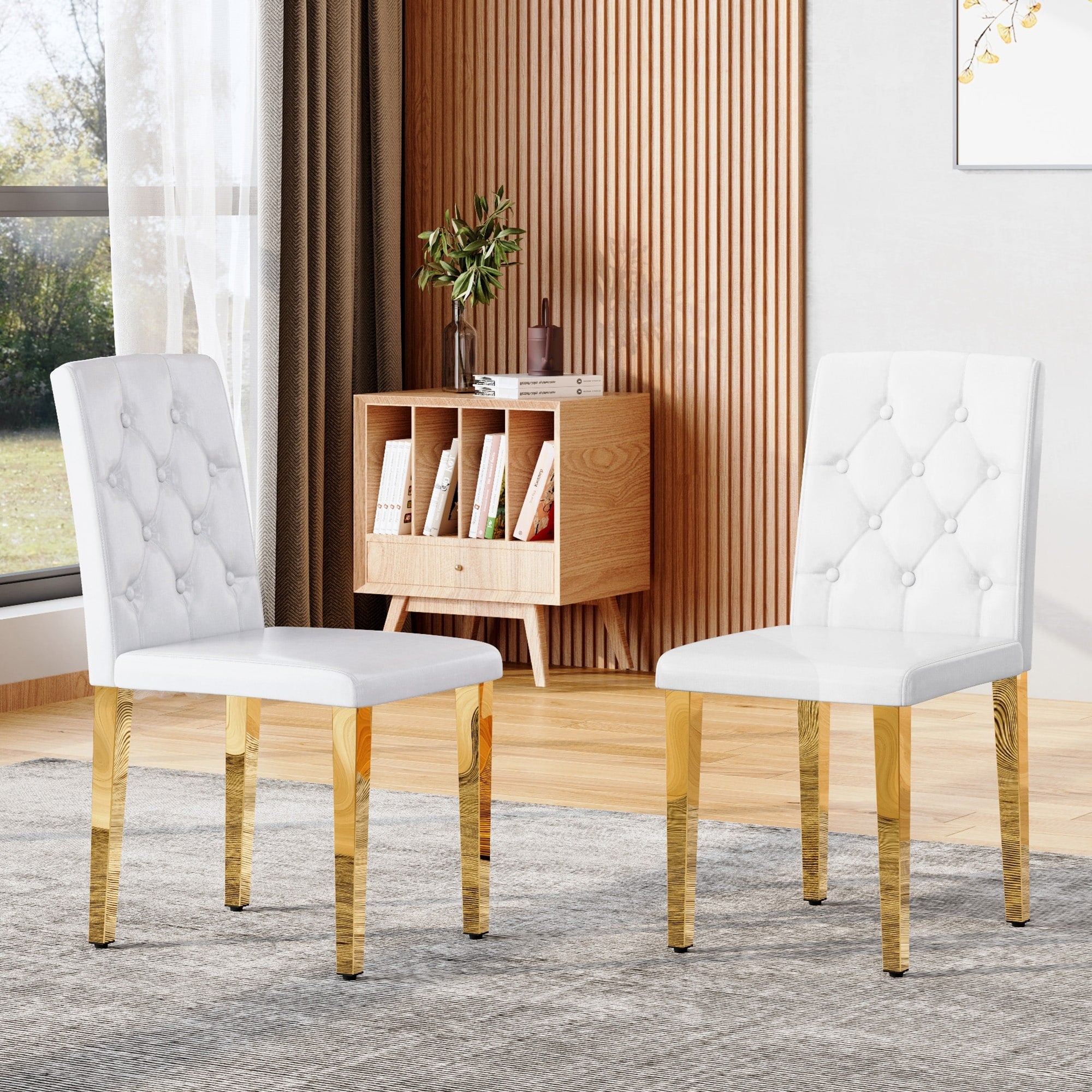 2 Pack Pu Dining Chairs Ergonomic Buckle Backrest 35 Inches High Golden Metal Legs Suitable For Family Dining Rooms