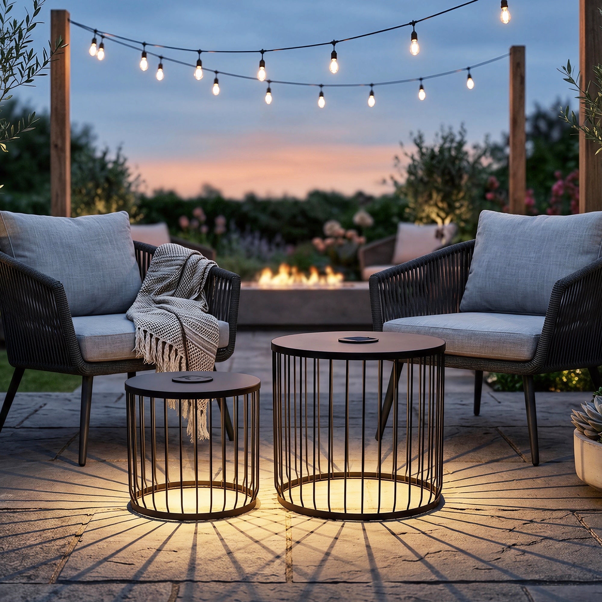 2 Pack Solar Powered Nesting Side Table Set Modern Round End Tables With Solar Led Lights Metal Wire Cage Accent Tables