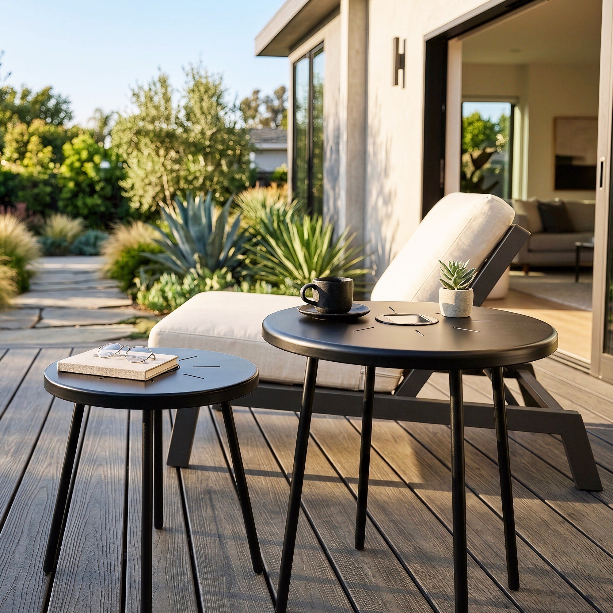 2 Pack Solar Powered Side Table With Led Light Outdoor Indoor Nesting Round End Table Set