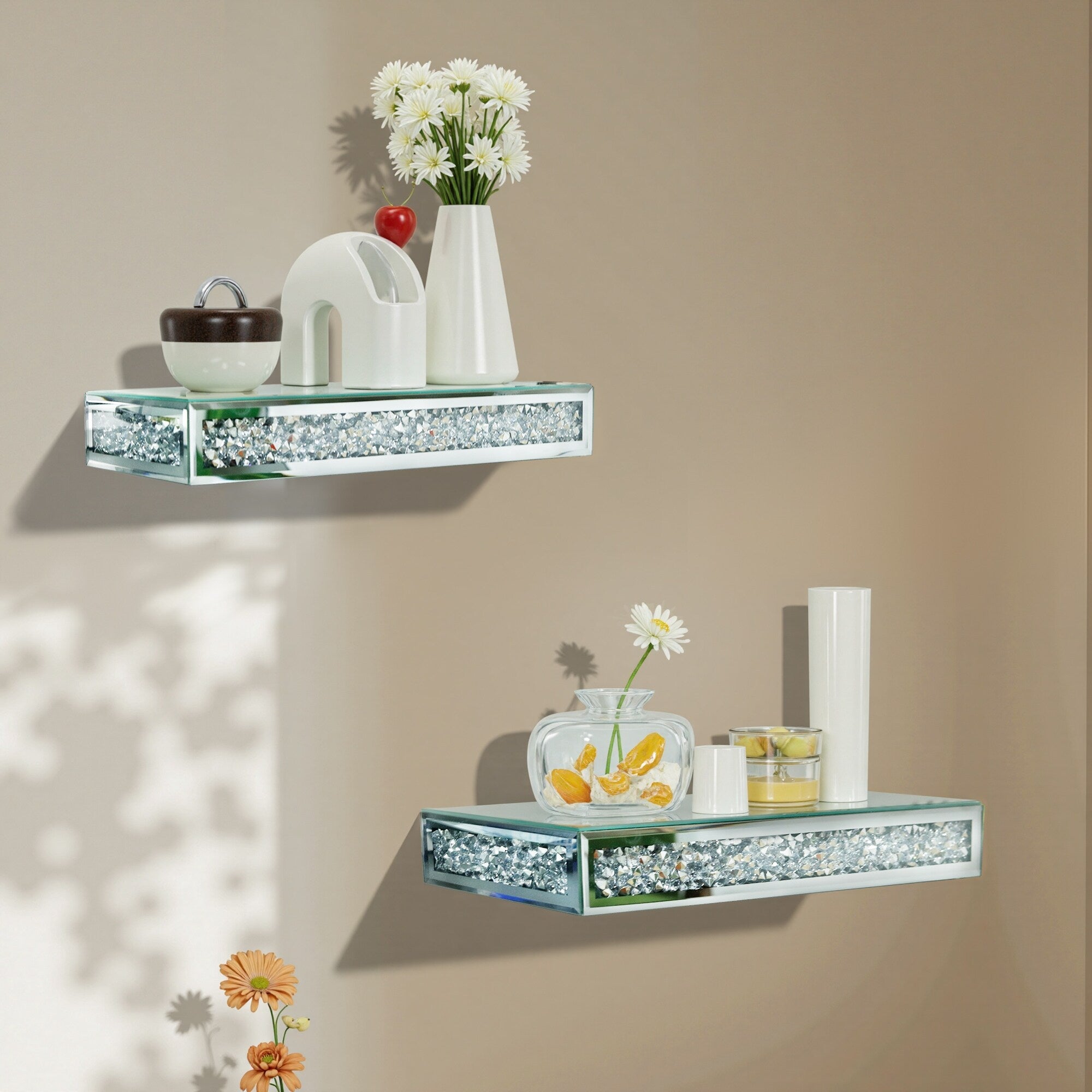 2 Pcs Crushed Diamond Display Shelves For Wall Stylish Floating Wall Shelf For Plants Mirrored Glass Floating Shelf