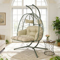 2 Person Hanging Egg Chair With Stand Double Outdoor Wicker Swing Chair With Adjustable Footrest Thickened Cushions