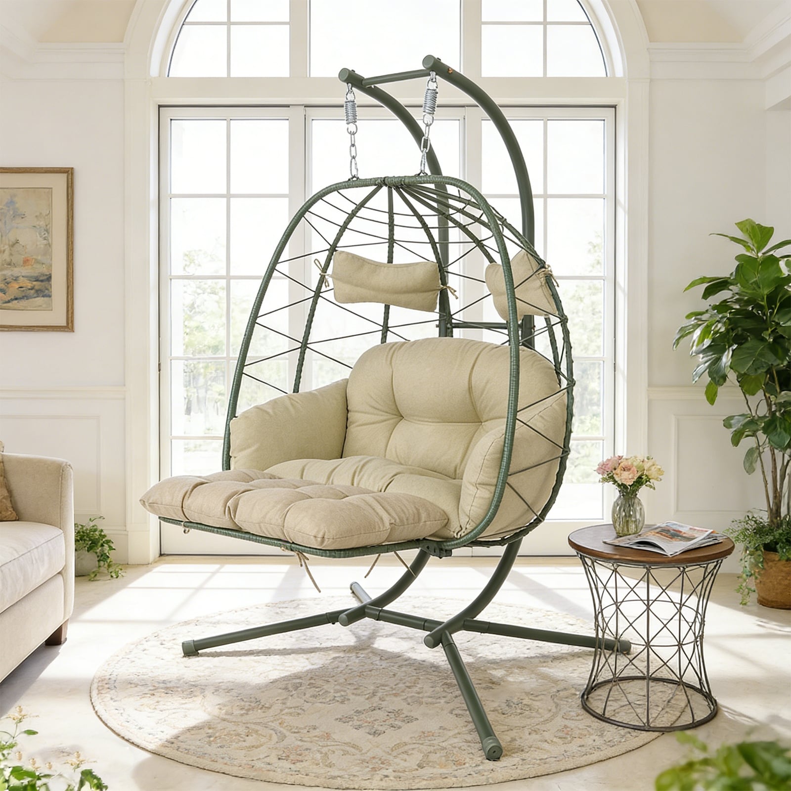2 Person Hanging Egg Chair With Stand Double Outdoor Wicker Swing Chair With Adjustable Footrest Thickened Cushions