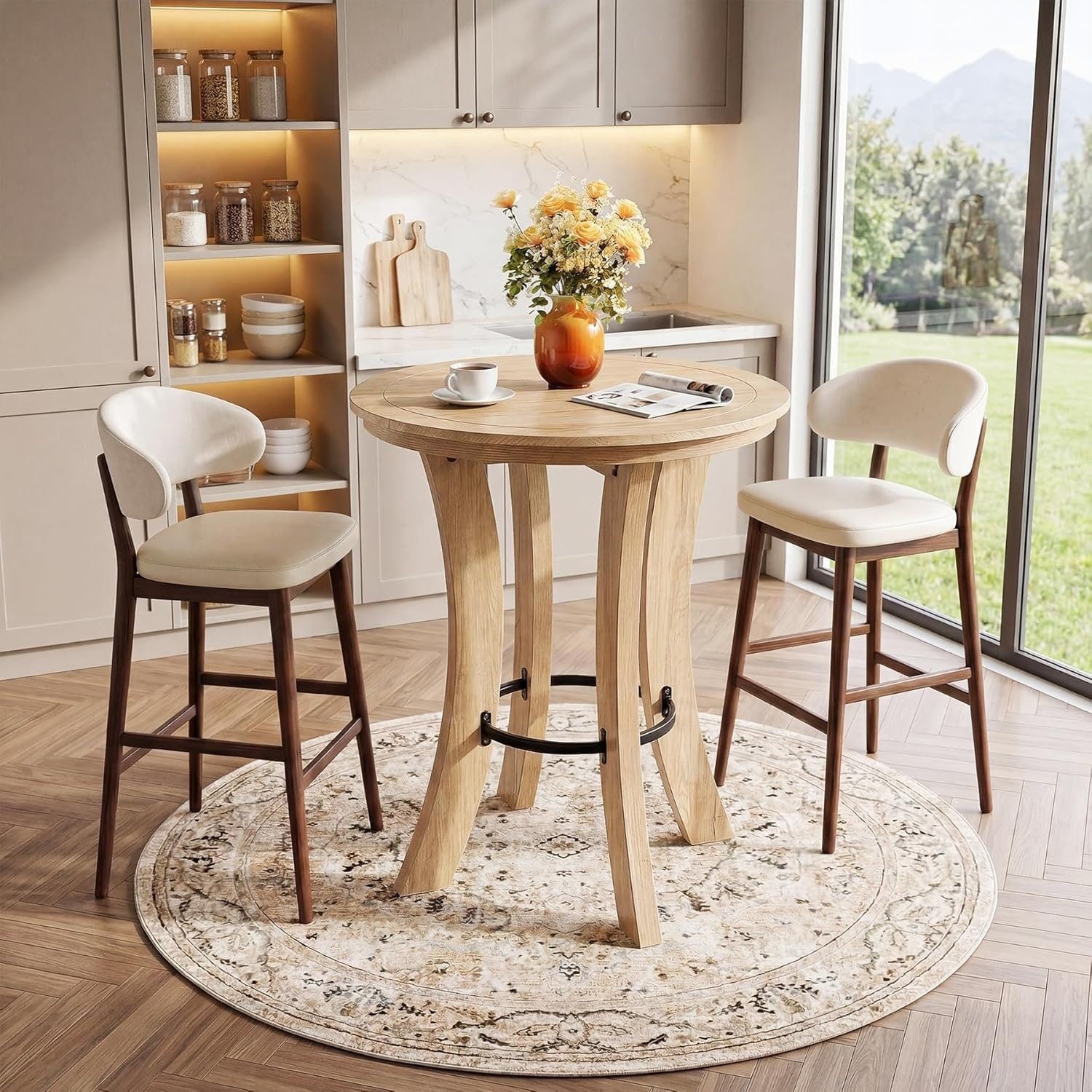 2 Person Round Dining Table 39.4 H Counter Height Bar Table With Footrest Modern Tall Kitchen Table