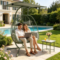 2 Person Wicker Hanging Egg Chair With Adjustable Canopy Double Patio Swing Chair With Stand 600Lbs Capacity With Cushions