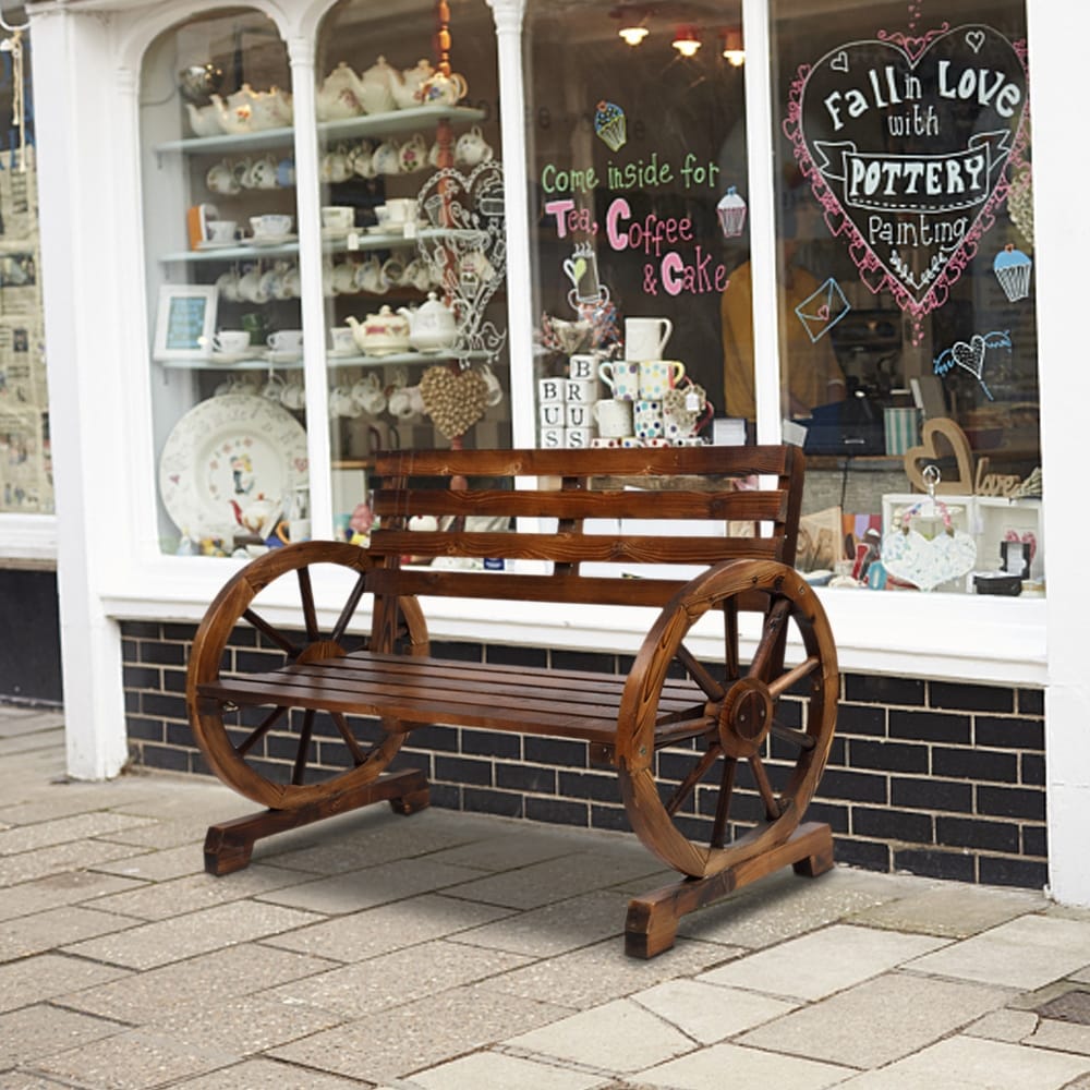 2 Person Wooden Wagon Wheel Bench With Slatted Seat And Backrest.