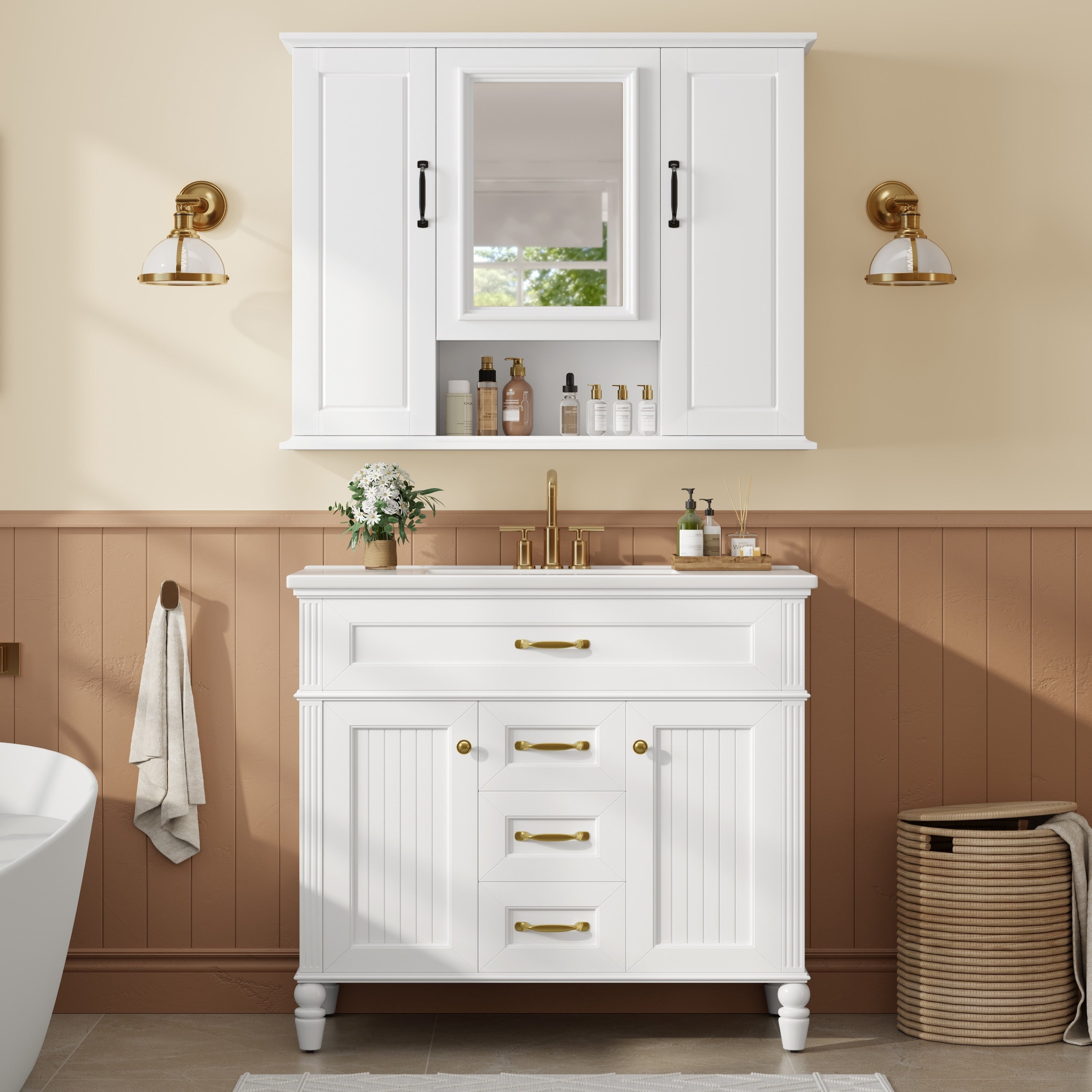 2 Piece Bathroom Vanity Set With Wall Mirror Cabinet Freestanding 36 Bathroom Vanity Cabinet With Ceramic Sink