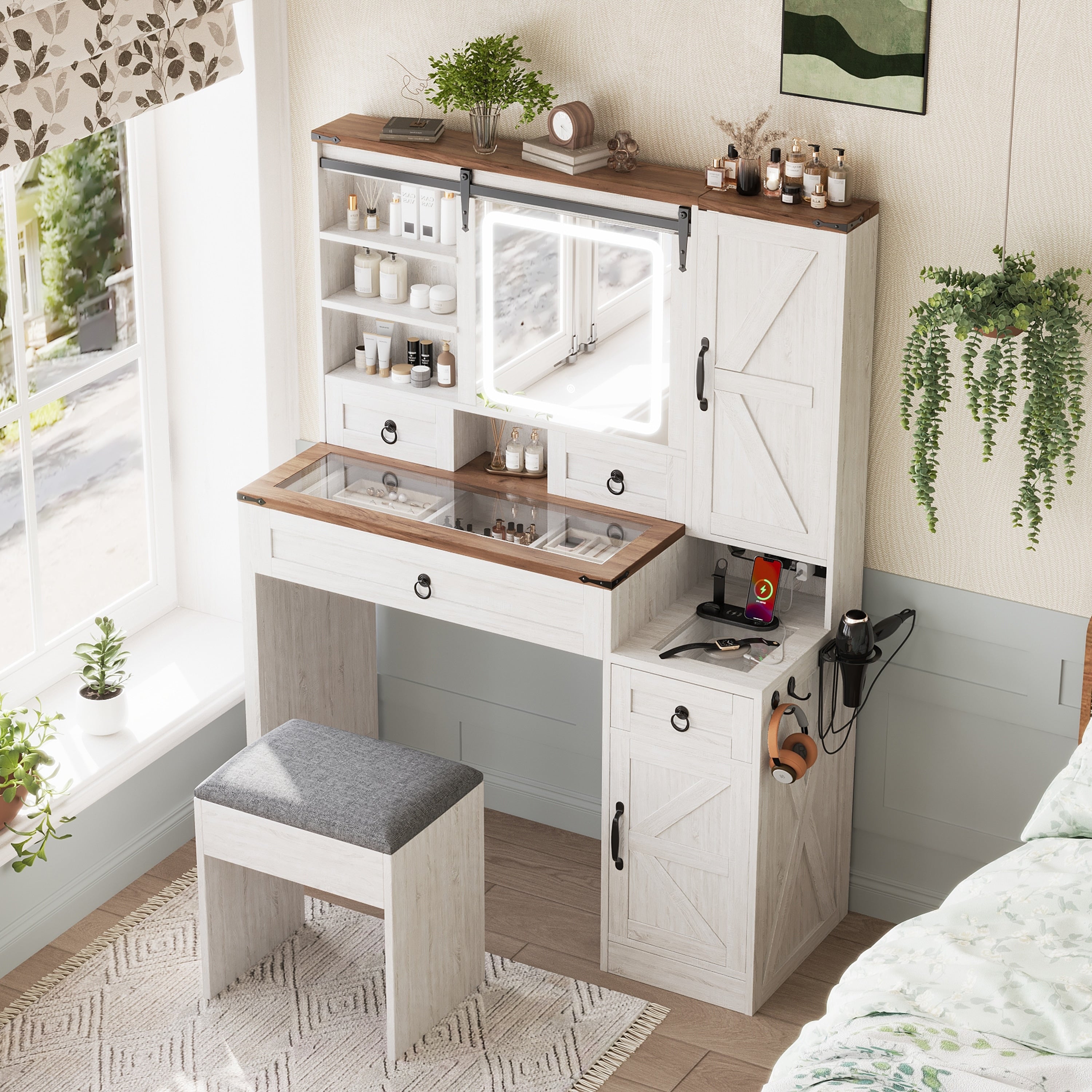 2 Piece Bedroom Makeup Vanity Set With Stool Farmhouse Glass Top Vanity Desk With Sliding Mirror Lights And Charging Station