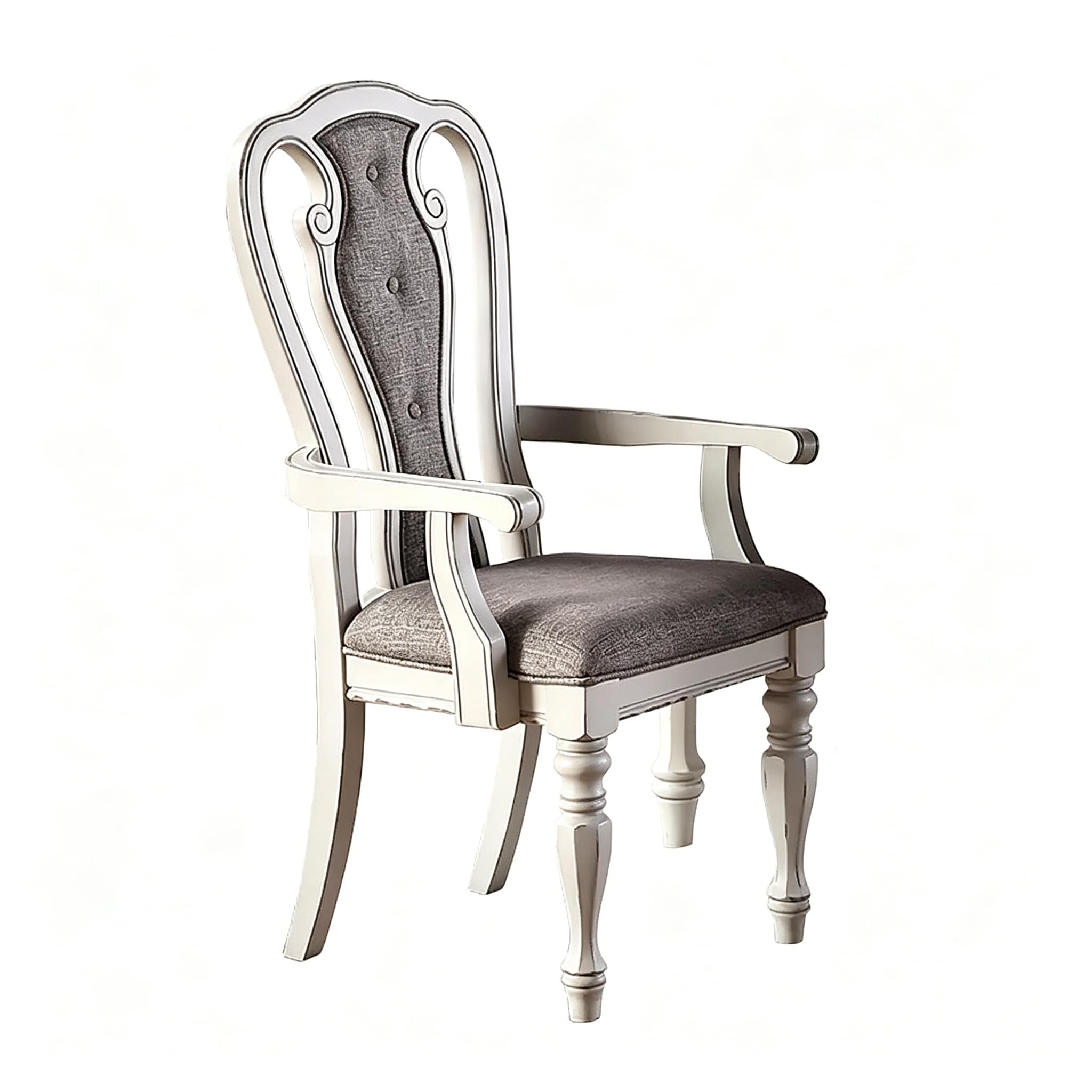2 Piece Dining Arm Chair Set Elegant White Upholstered Cushion Classic French Vintage Style Sturdy Wooden Frame 42 H