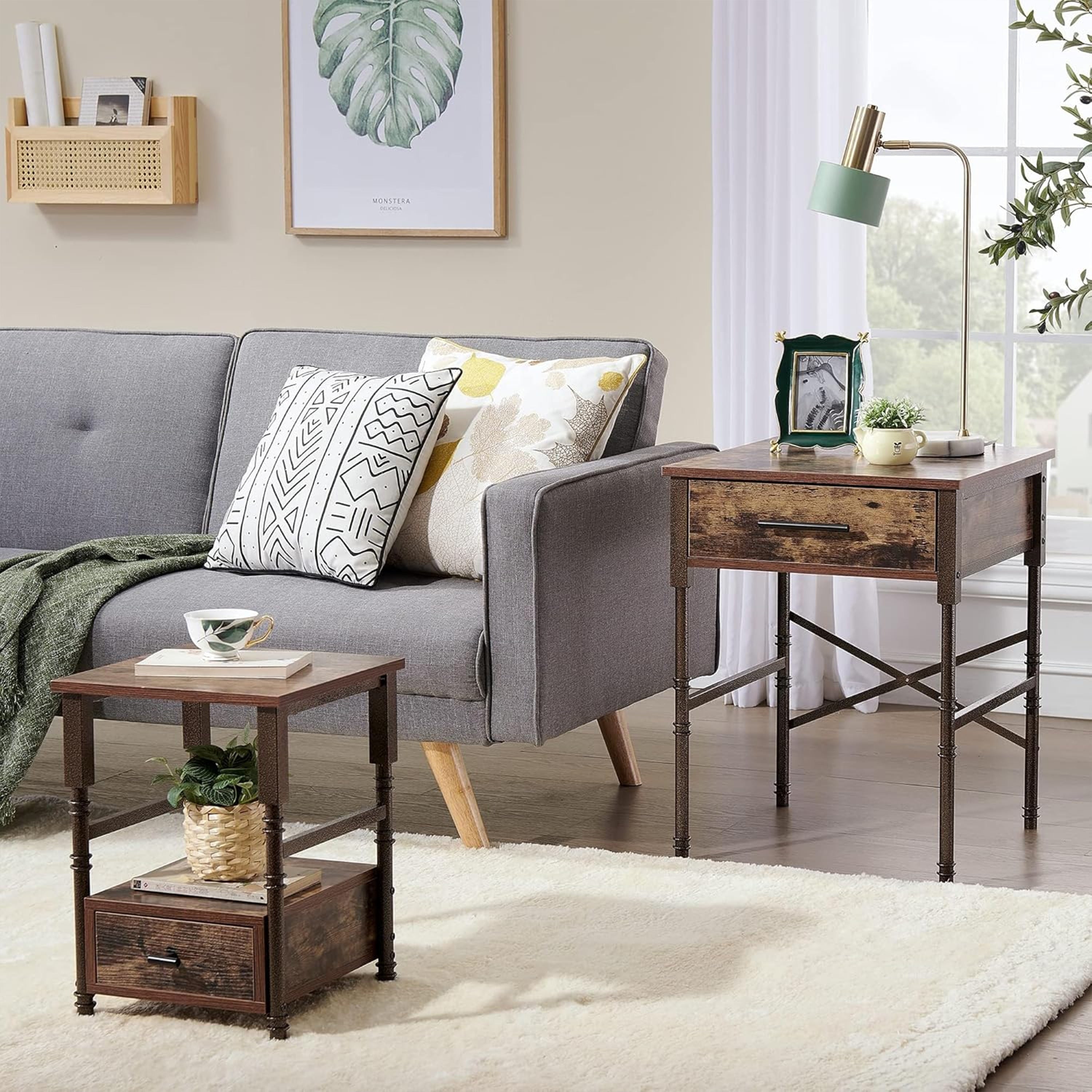 2 Piece Industrial Nesting End Table Set With Drawers