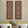 2 Piece Mango Wood Wall Panel Set With Mendallion Carving Burnt Brown