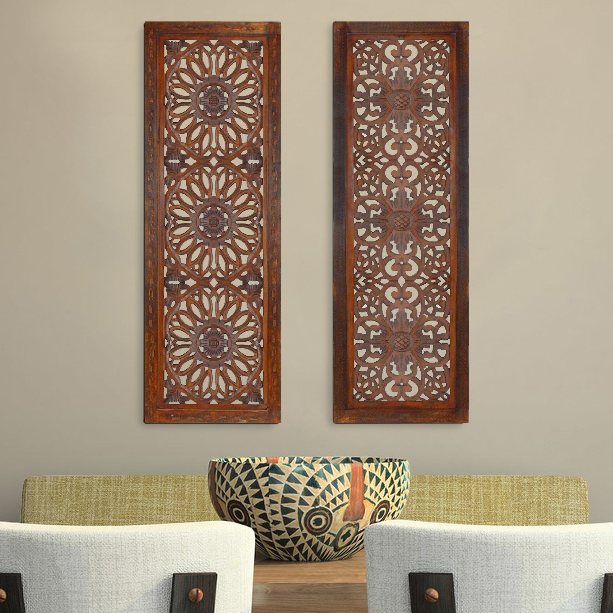 2 Piece Mango Wood Wall Panel Set With Mendallion Carving Burnt Brown