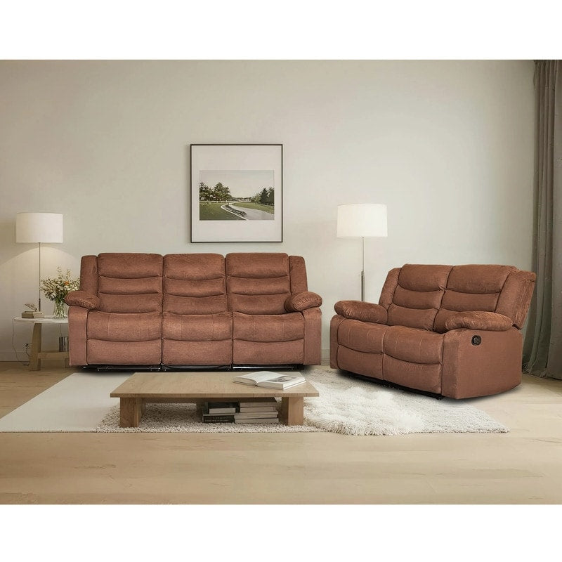 2 Piece Manual Reclining Sofa Set Brown Suede Upholstered 3 Seat Sofa Loveseat With Cup Holders Living Room Furniture Set