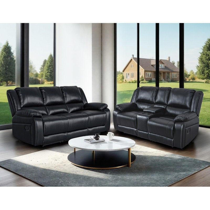 2 Piece Manual Reclining Sofa Set Faux Leather 3 Seat Sofa Loveseat With Console And Cup Holders Living Room Furniture Set