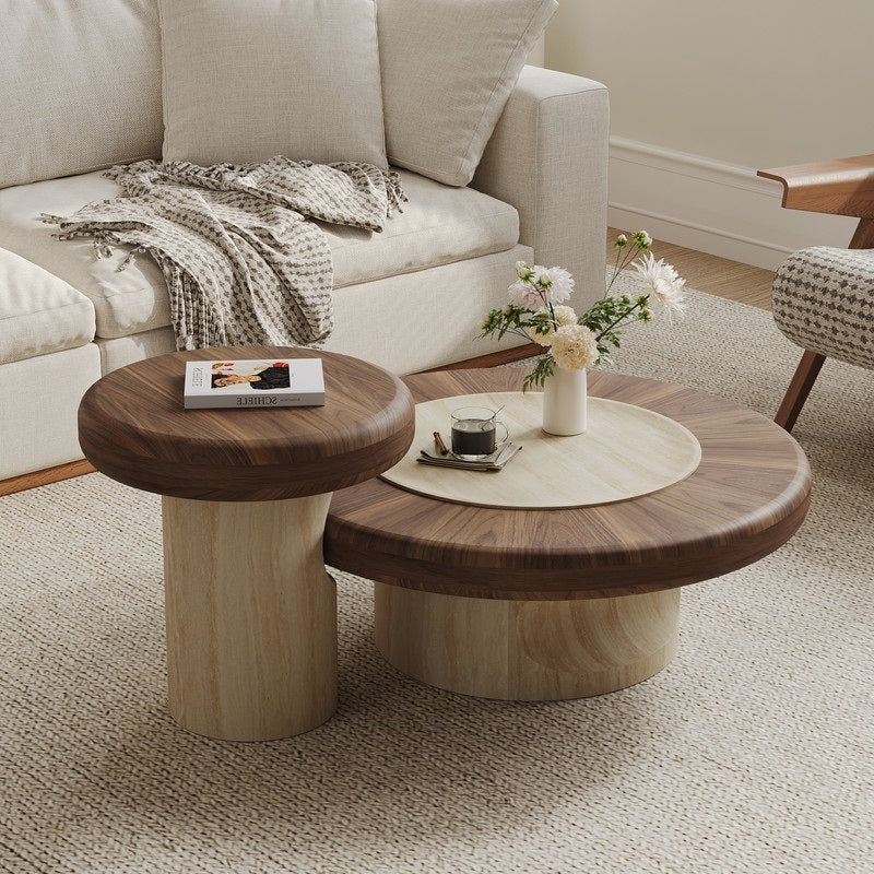 2 Piece Modern Dual Wood Coffee Table Set Walnut Light Wood Carved Base Stylish Living Room Center Side Table Combo
