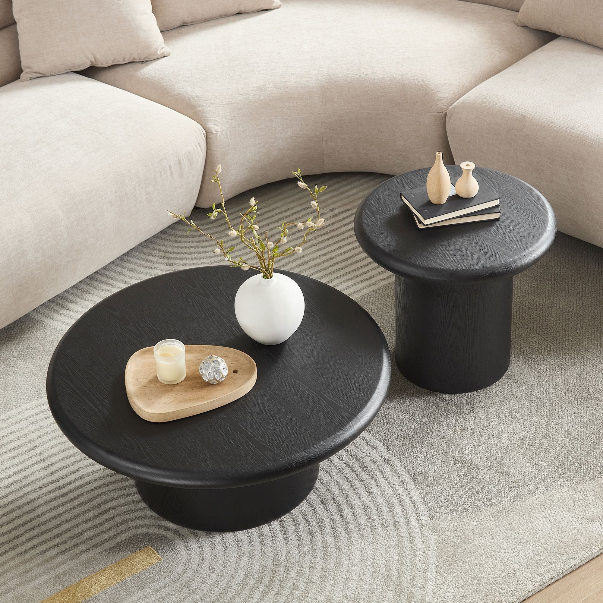 2 Piece Modern Round Coffee Table Center Table Set For Living Room Sofa Table Black End Table Tea Table