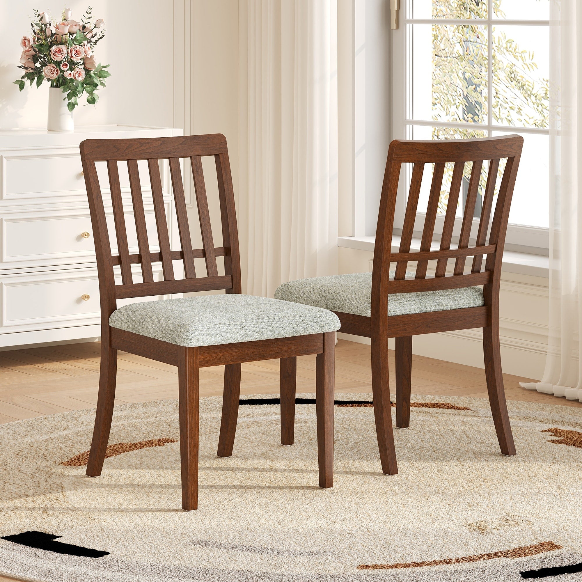 2 Piece Modern Scandinavian Dining Chairs Curved Wood Backrest With Gray Fabric Seat Finish For Dining Room And Apartment