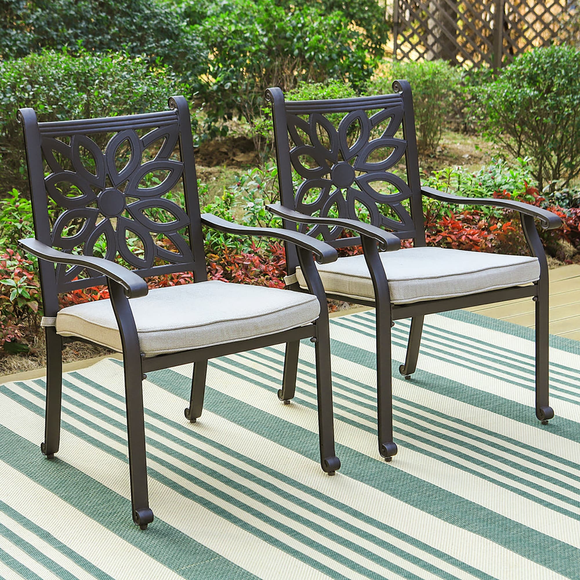 Outdoor Patio Extra Wide Armrest Cast Aluminum Dining Chairs With Cushion Set Of 2 Frosted Surface
