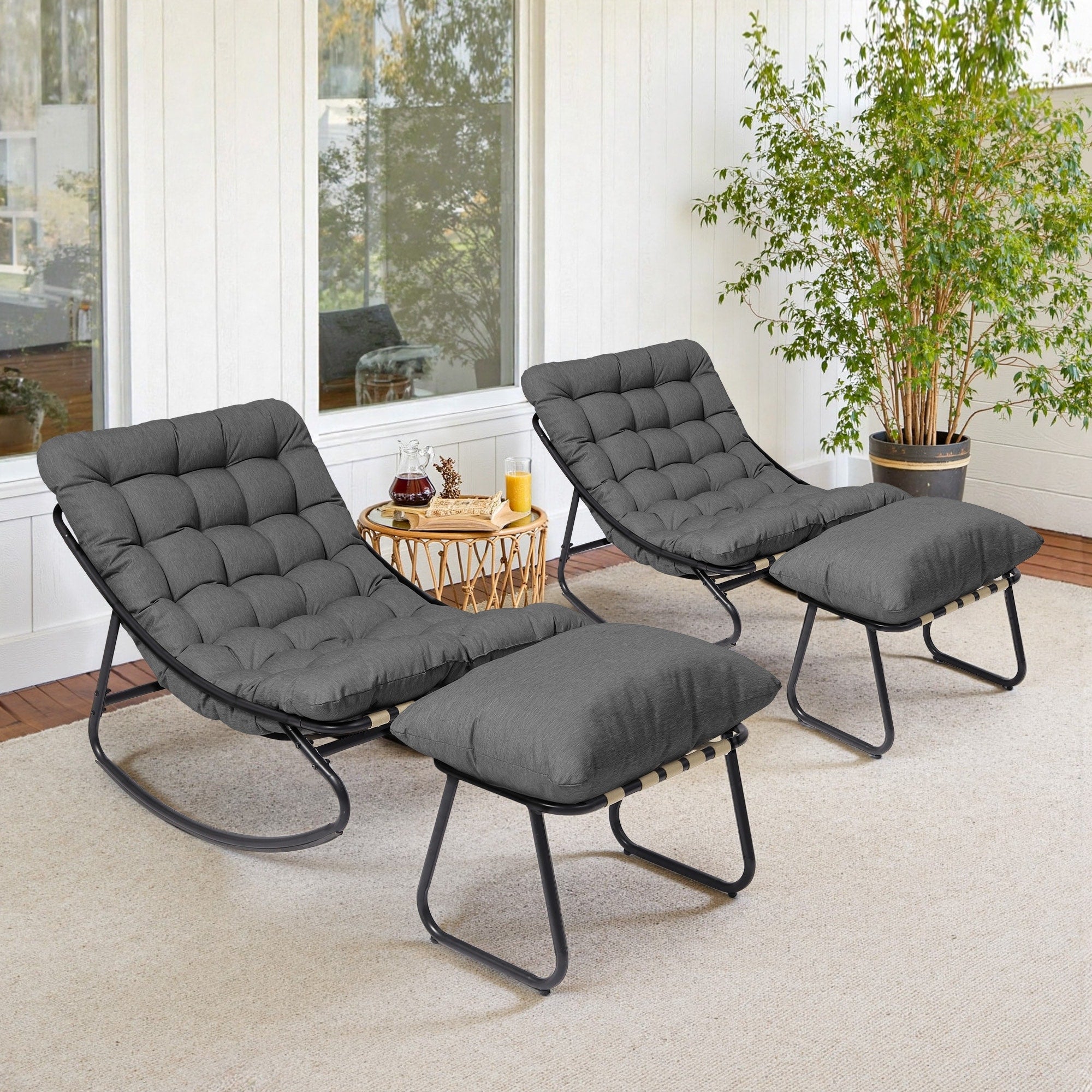 2 Piece Outdoor Patio Rocking Chair Lounge With Ottoman Set