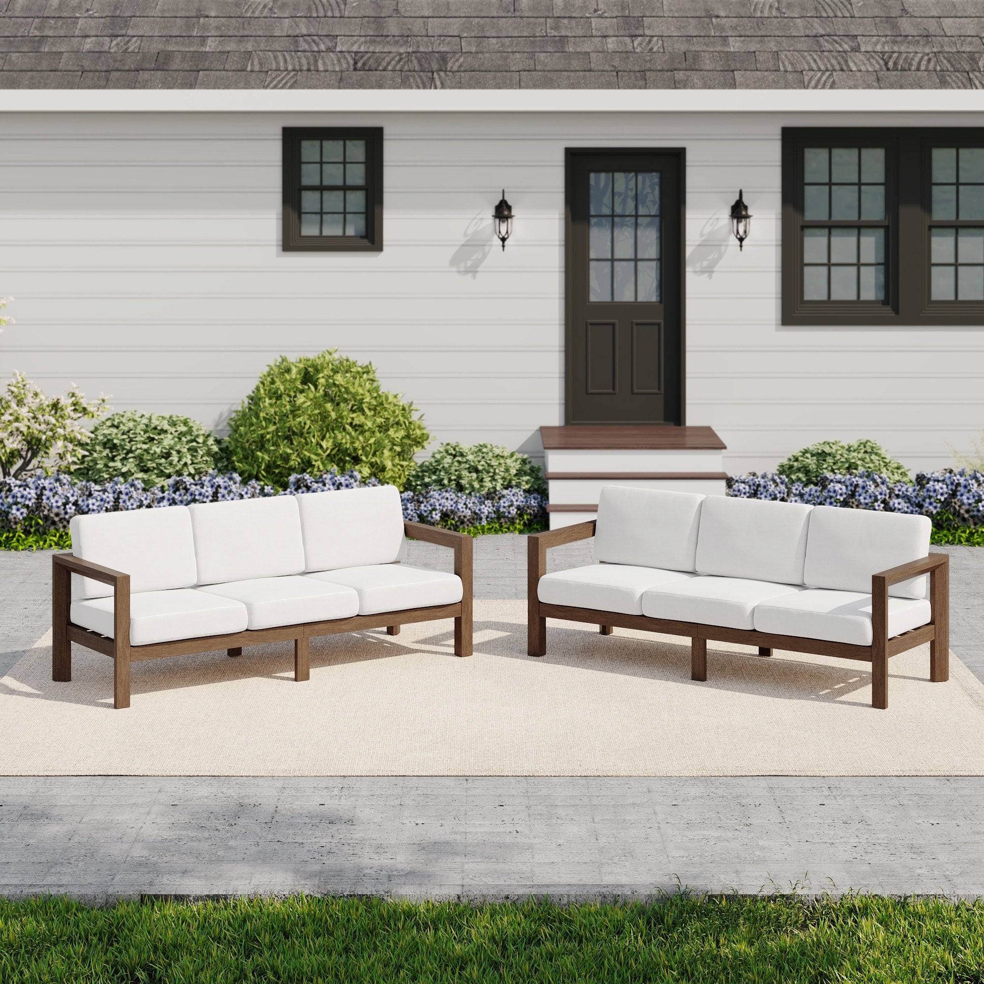 2 Piece Outdoor Patio Wood Sofa With Cushions