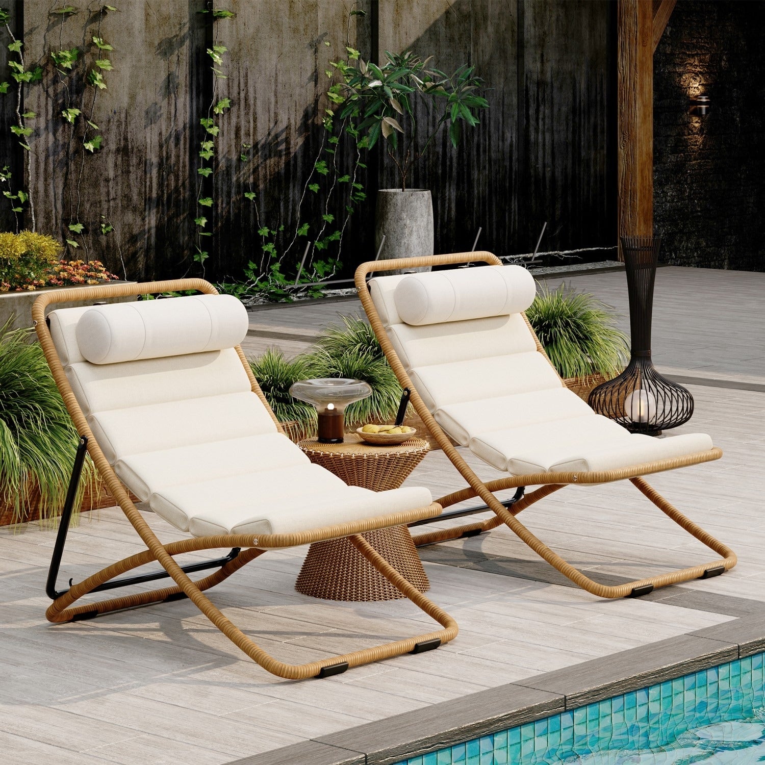 2 Piece Outdoor Rattan Wrapped Metal Folding Chair With Adjustable Backrest