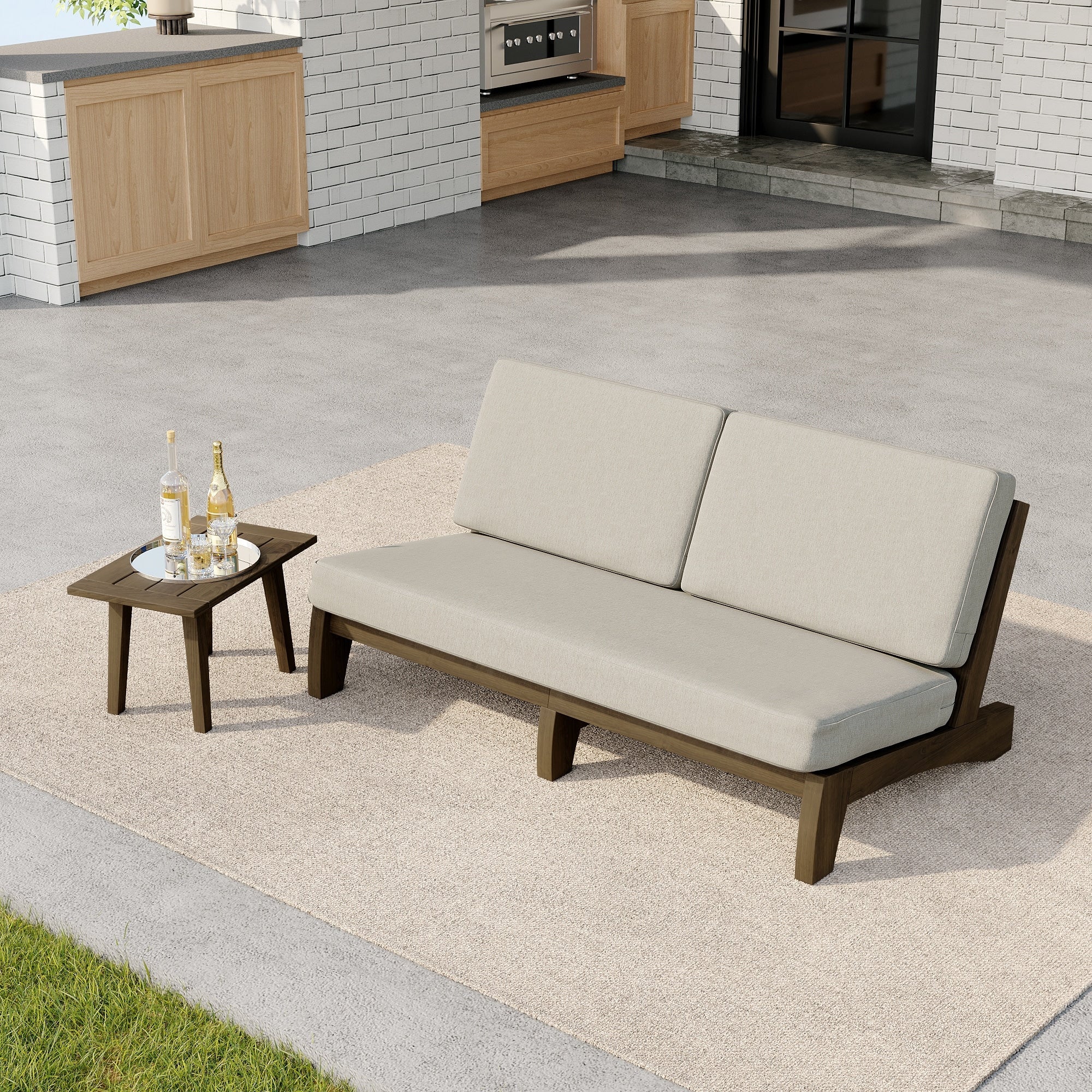 2 Piece Outdoor Teak Wood Casual Loveseat Patio Set With Side Table