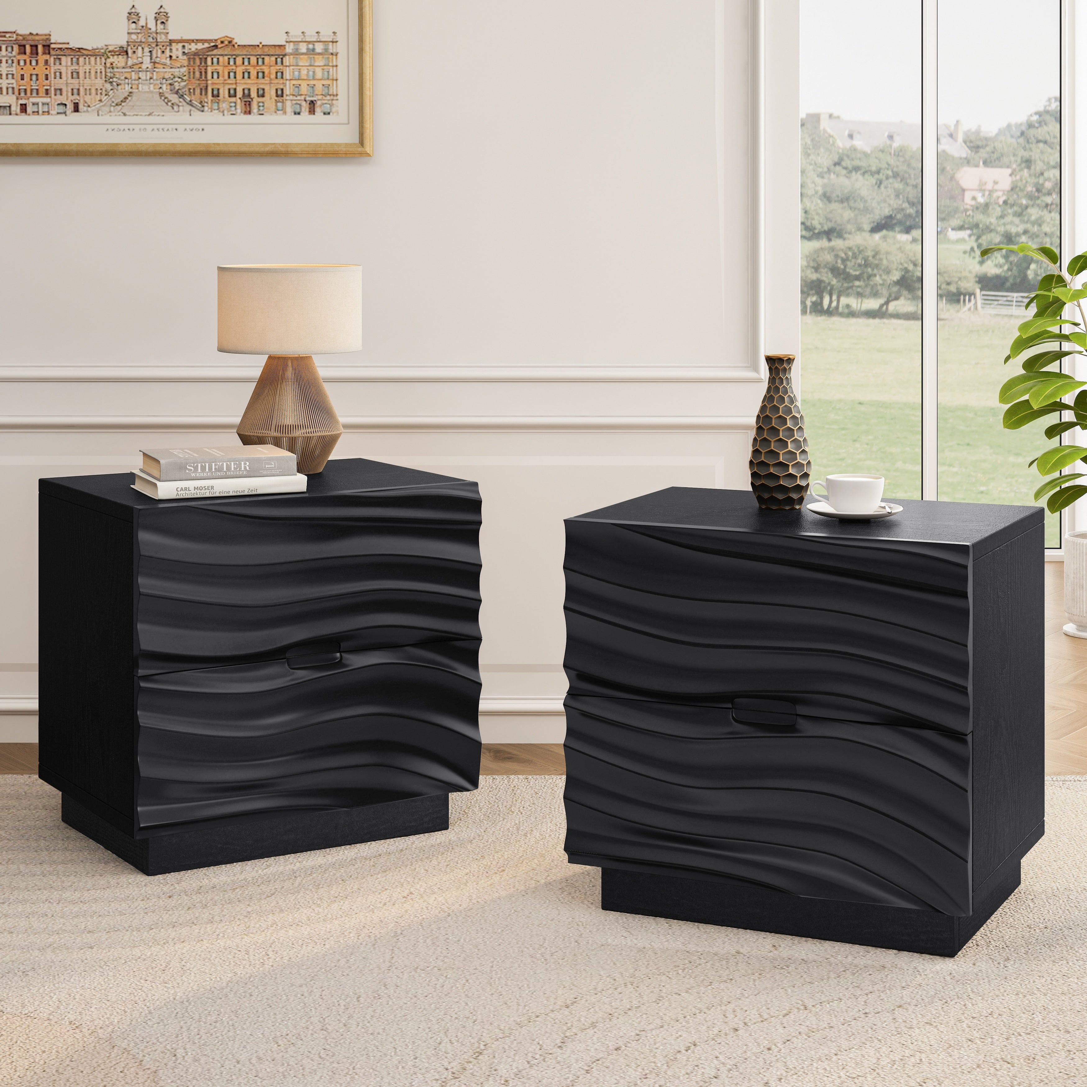 2 Piece Solid Wood Nightstand Set No Handle Design Black