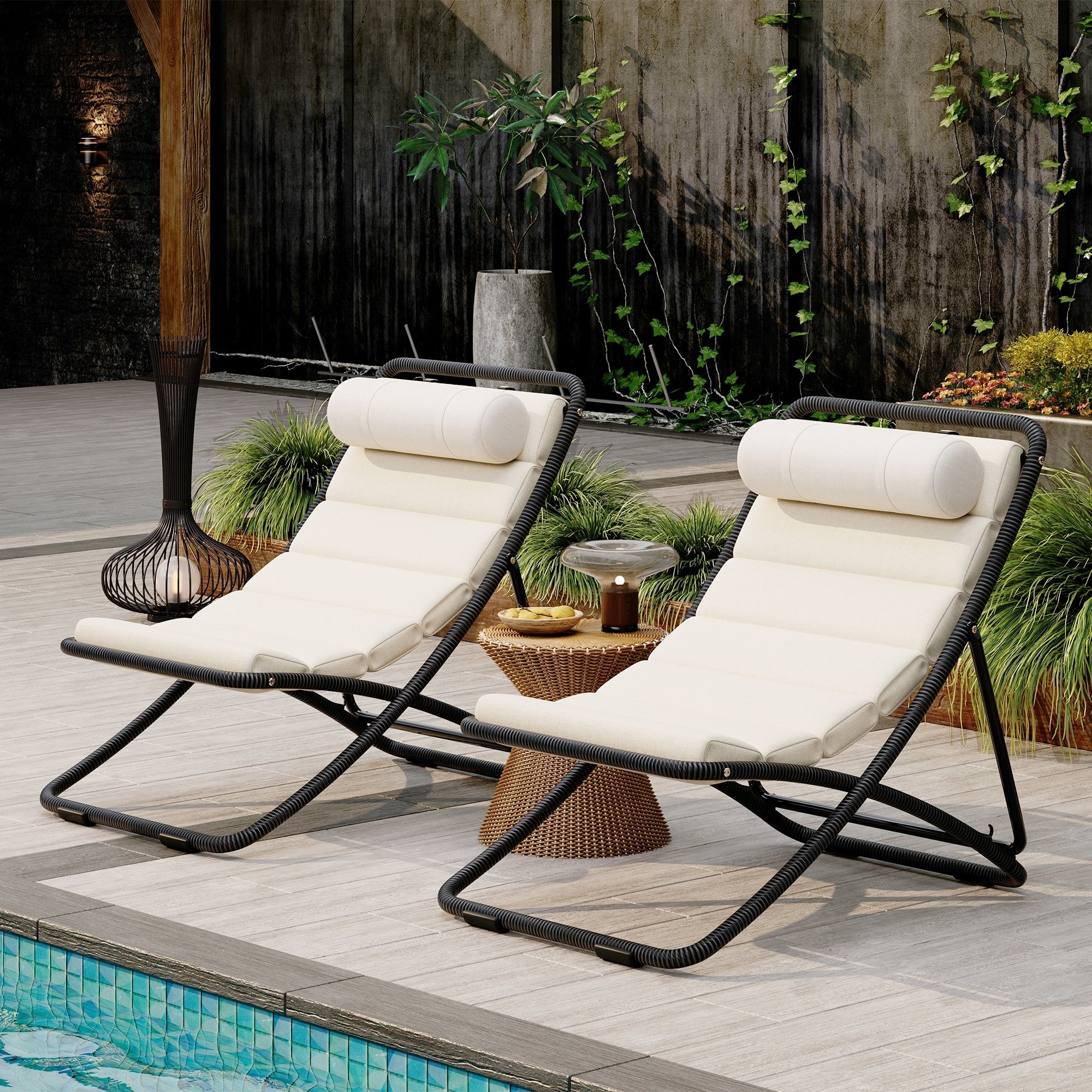 2 Pieces Outdoor Folding Chair With Thick Cushion For The Poolside Beach Backyard