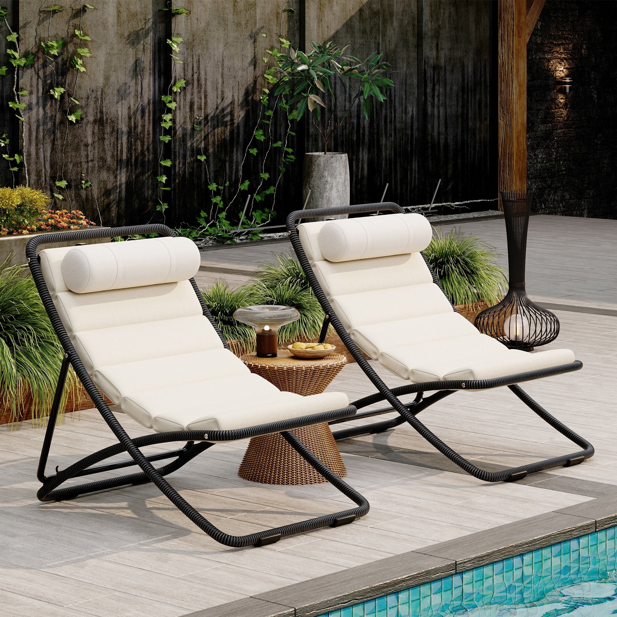 2 Pieces Outdoor Folding Chair Rattan Wrapped Patio Chair With Adjustable Backrest Thick Cushion And Detachable Headrest