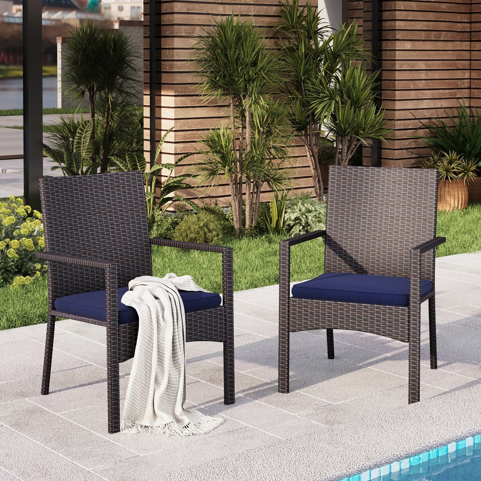 Phi Villa 2 Pieces Patio Garden Rattan Chair Set Outdoor Modern High Grade Pe Rattan Wicker Armchair With Removable Cushions