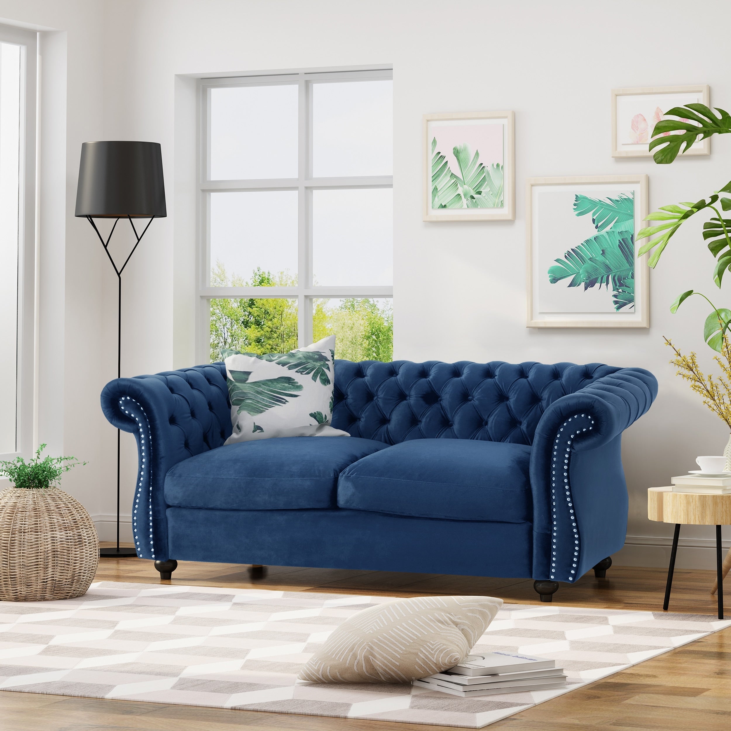 2 Seat Sofa Couch Navy Blue Upholstered Loveseat With Nailhead Trim 2 Seater Settee With Rolled Armrests