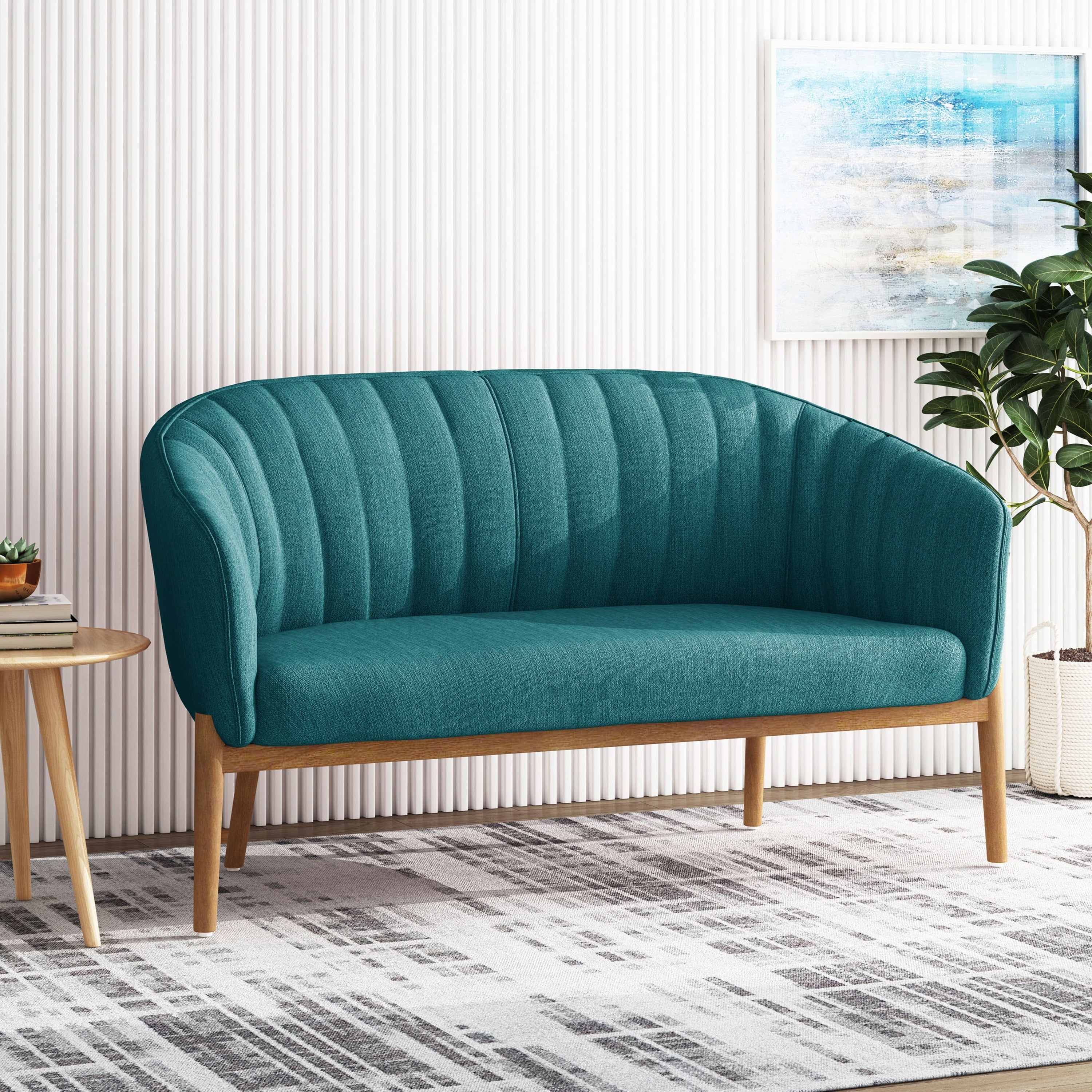 2 Seater Sofa Couch Minimalist Loveseat With Curved Backrest Leisure Sofa Couch With Wood Legs For Living Room