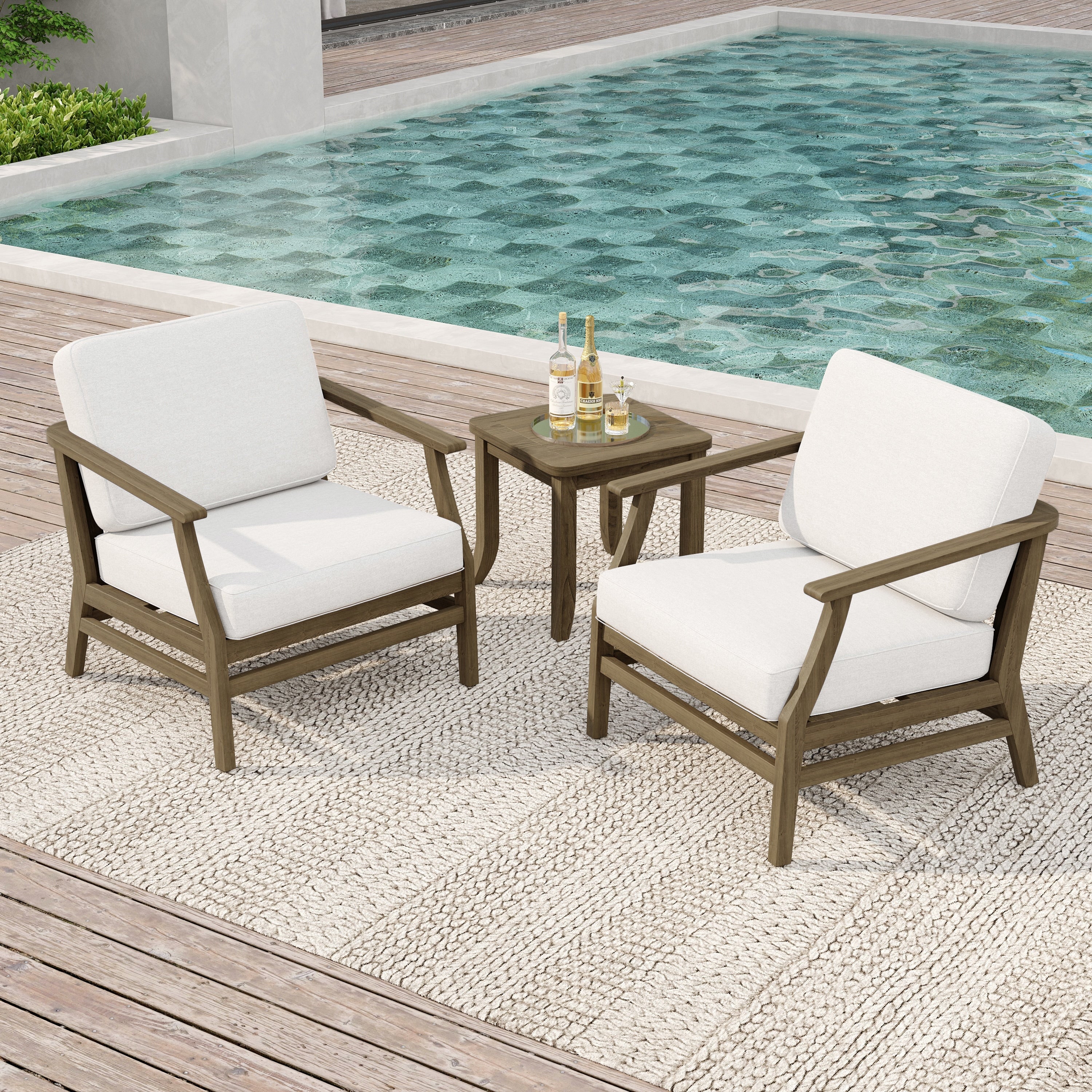 2 Set Patio Teak Wood Outdoor Chair And Side Table Set With Cushions