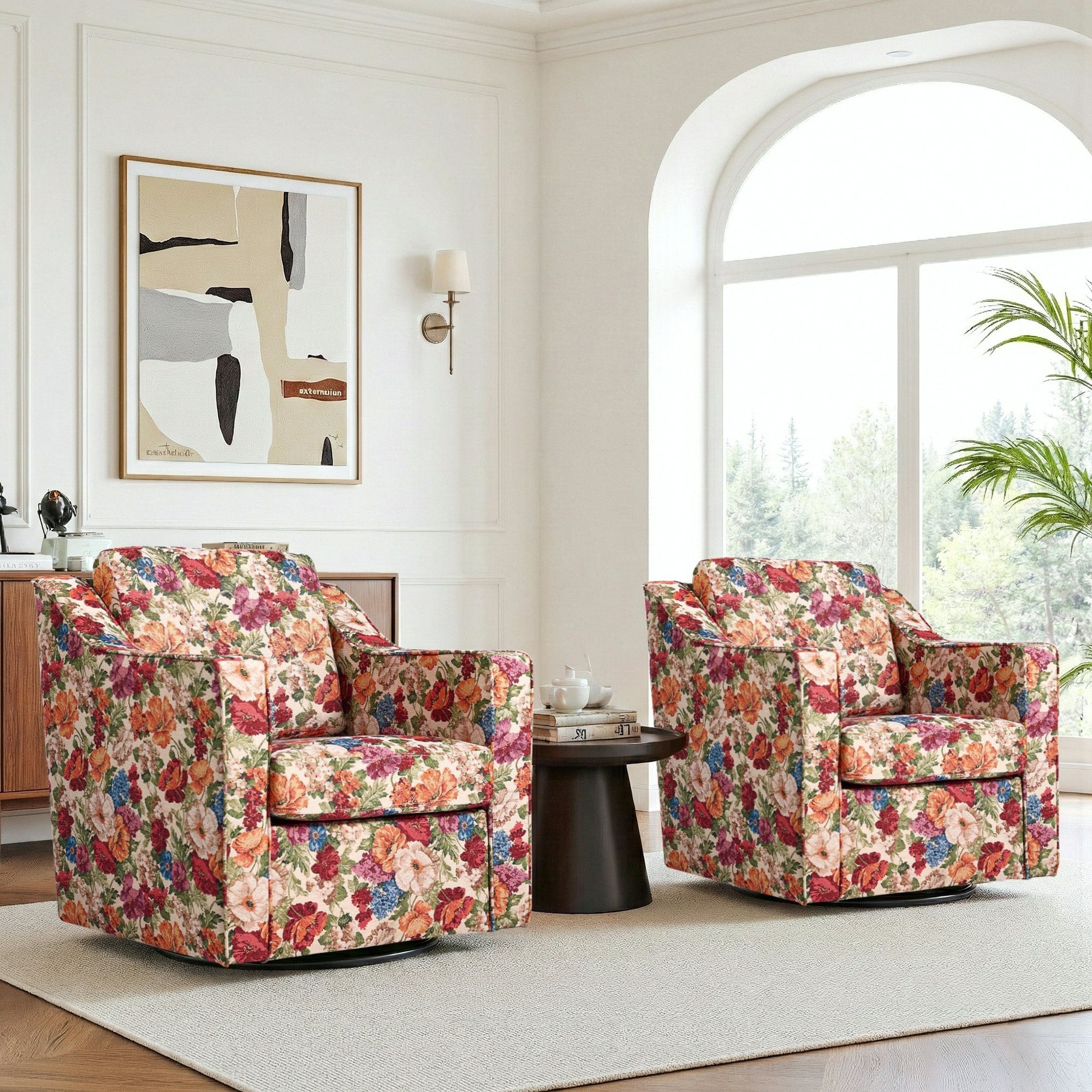 2 Set Patterned Linen Swivel Floral Accent Chair For Living Room