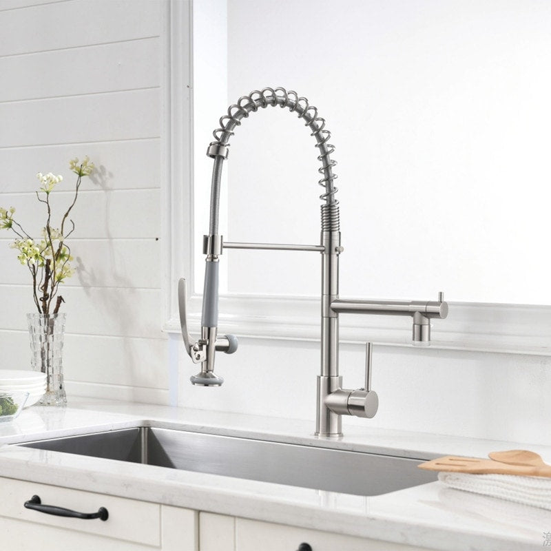 2 Spout Single Handle Kitchen Faucet With Led Light Pull Down Sprayer