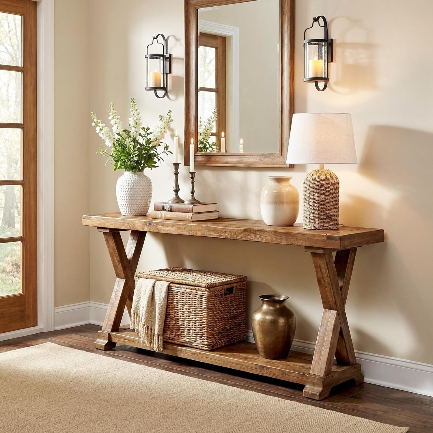 2 Tier 63 Long Solid Wood Console Table Narrow Entryway Table Farmhouse Sofa Console Behind Couch