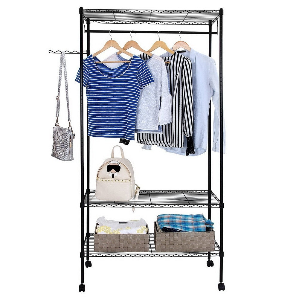 2 Tier Closet Organizer Garment Rack Clothes Storage Hanger Shelf With Hooks.