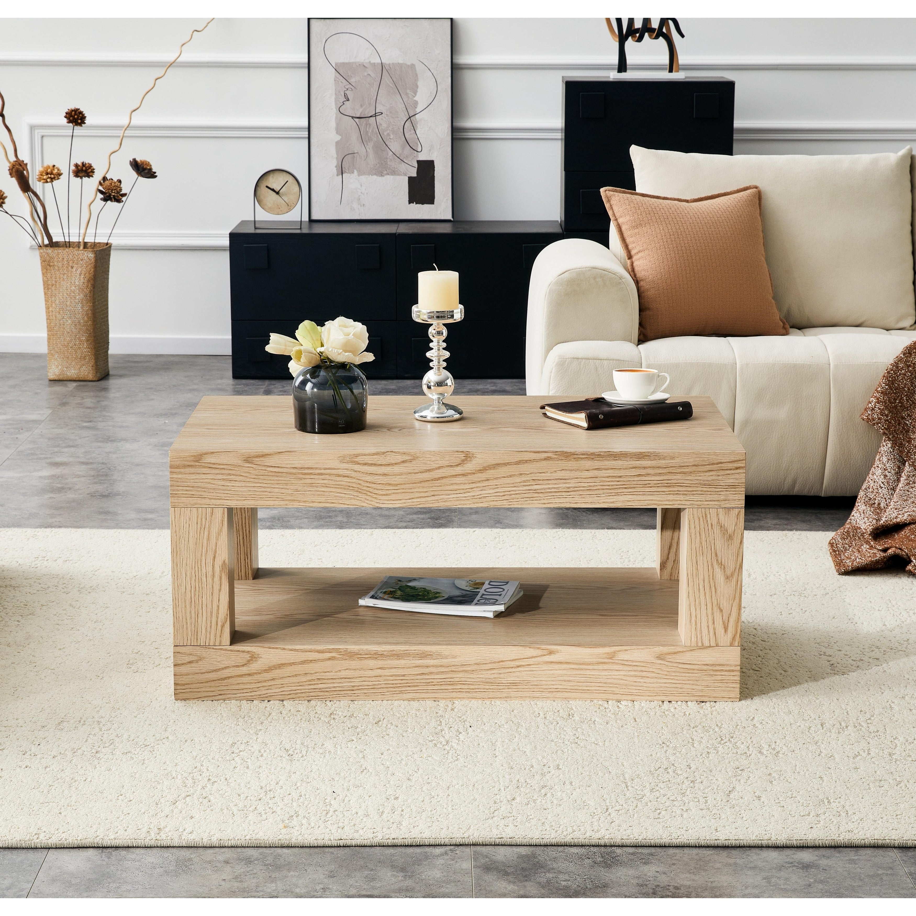 2 Tier Coffee Table Rectangular Center Table With Open Storage Shelf Natural Sofa Table Side Table End Table
